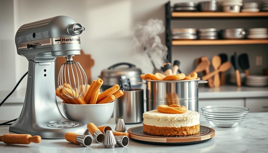 A well-lit kitchen counter showcases a delectable assortment of churro cheesecake-making equipment. In the foreground, a gleaming stand mixer with a whisk attachment stands ready to whip up the creamy batter. Beside it, a sturdy rolling pin and a set of fluted pastry tips for piping the churro dough. In the middle ground, a deep fryer emits gentle wisps of steam, its oil sizzling as it crisps up the freshly fried churros. In the background, shelves hold an array of baking pans, spatulas, and other essential tools for assembling the decadent churro cheesecake. Soft, natural lighting illuminates the scene, creating a warm, inviting atmosphere perfect for a cozy baking session. A well-lit kitchen counter showcases a delectable assortment of churro cheesecake-making equipment. In the foreground, a gleaming stand mixer with a whisk attachment stands ready to whip up the creamy batter. Beside it, a sturdy rolling pin and a set of fluted pastry tips for piping the churro dough. In the middle ground, a deep fryer emits gentle wisps of steam, its oil sizzling as it crisps up the freshly fried churros. In the background, shelves hold an array of baking pans, spatulas, and other essential tools for assembling the decadent churro cheesecake. Soft, natural lighting illuminates the scene, creating a warm, inviting atmosphere perfect for a cozy baking session.