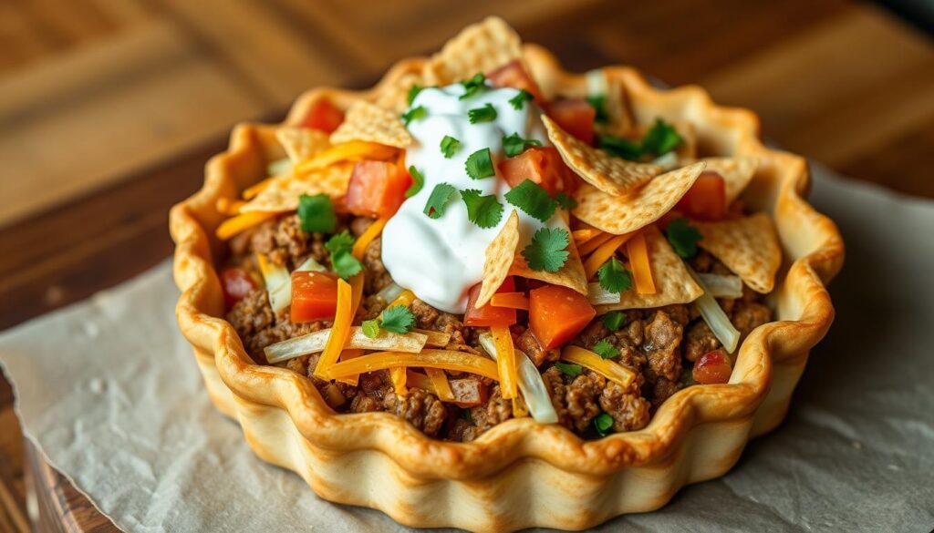 An appetizing taco pie with a golden-brown, flaky pie crust as the base. The crust is filled with a savory mixture of ground beef, melted cheddar cheese, diced tomatoes, shredded lettuce, and a sprinkle of taco seasoning. The top is adorned with crisp tortilla chips, a dollop of sour cream, and a sprinkling of chopped cilantro, creating a visually striking and mouthwatering representation of the fusion of Mexican and American culinary traditions. Lit by warm, natural lighting and captured from a slight overhead angle, the image conveys a sense of rustic elegance and the evolution of classic dishes into modern, creative interpretations. An appetizing taco pie with a golden-brown, flaky pie crust as the base. The crust is filled with a savory mixture of ground beef, melted cheddar cheese, diced tomatoes, shredded lettuce, and a sprinkle of taco seasoning. The top is adorned with crisp tortilla chips, a dollop of sour cream, and a sprinkling of chopped cilantro, creating a visually striking and mouthwatering representation of the fusion of Mexican and American culinary traditions. Lit by warm, natural lighting and captured from a slight overhead angle, the image conveys a sense of rustic elegance and the evolution of classic dishes into modern, creative interpretations.