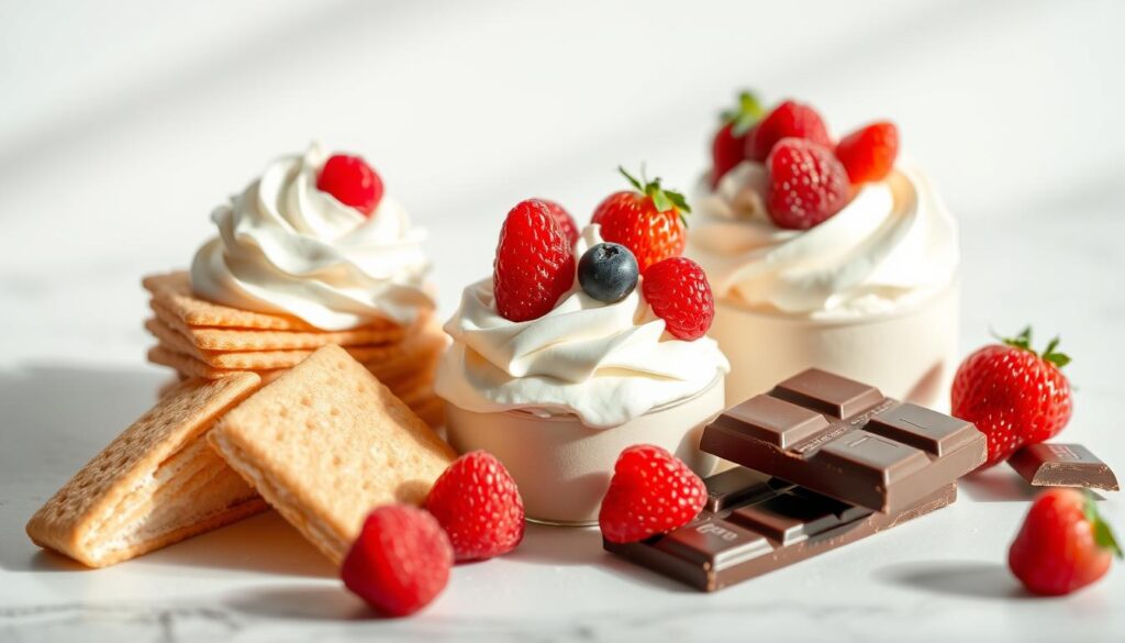 An elegantly arranged still life showcasing the essential ingredients for delectable icebox cakes. Crisp wafers, luscious whipped cream, juicy berries, and rich chocolate bars are artfully displayed on a clean white surface, bathed in soft, natural lighting that enhances their inviting textures and vibrant colors. The composition is balanced and visually appealing, evoking a sense of simplicity and culinary sophistication. The overall mood is one of effortless elegance, inviting the viewer to imagine the delightful dessert that can be created with these simple, yet decadent components. An elegantly arranged still life showcasing the essential ingredients for delectable icebox cakes. Crisp wafers, luscious whipped cream, juicy berries, and rich chocolate bars are artfully displayed on a clean white surface, bathed in soft, natural lighting that enhances their inviting textures and vibrant colors. The composition is balanced and visually appealing, evoking a sense of simplicity and culinary sophistication. The overall mood is one of effortless elegance, inviting the viewer to imagine the delightful dessert that can be created with these simple, yet decadent components.