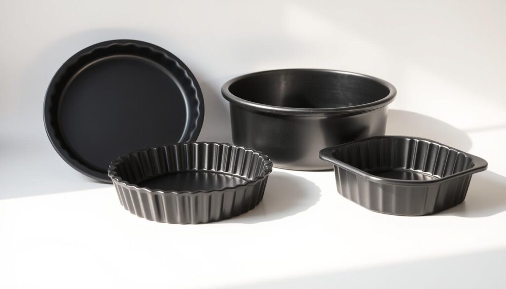 High-quality baking pans for chocolate cake, arranged in a visually appealing still life composition. Matte black metal trays with fluted edges, a large round cake pan, and a smaller square pan, all neatly positioned against a plain white background. Warm lighting from the side casts gentle shadows, highlighting the clean lines and textural details of the pans. The overall mood is one of simplicity, elegance, and focus on the essential tools needed to bake the perfect chocolate cake. High-quality baking pans for chocolate cake, arranged in a visually appealing still life composition. Matte black metal trays with fluted edges, a large round cake pan, and a smaller square pan, all neatly positioned against a plain white background. Warm lighting from the side casts gentle shadows, highlighting the clean lines and textural details of the pans. The overall mood is one of simplicity, elegance, and focus on the essential tools needed to bake the perfect chocolate cake.