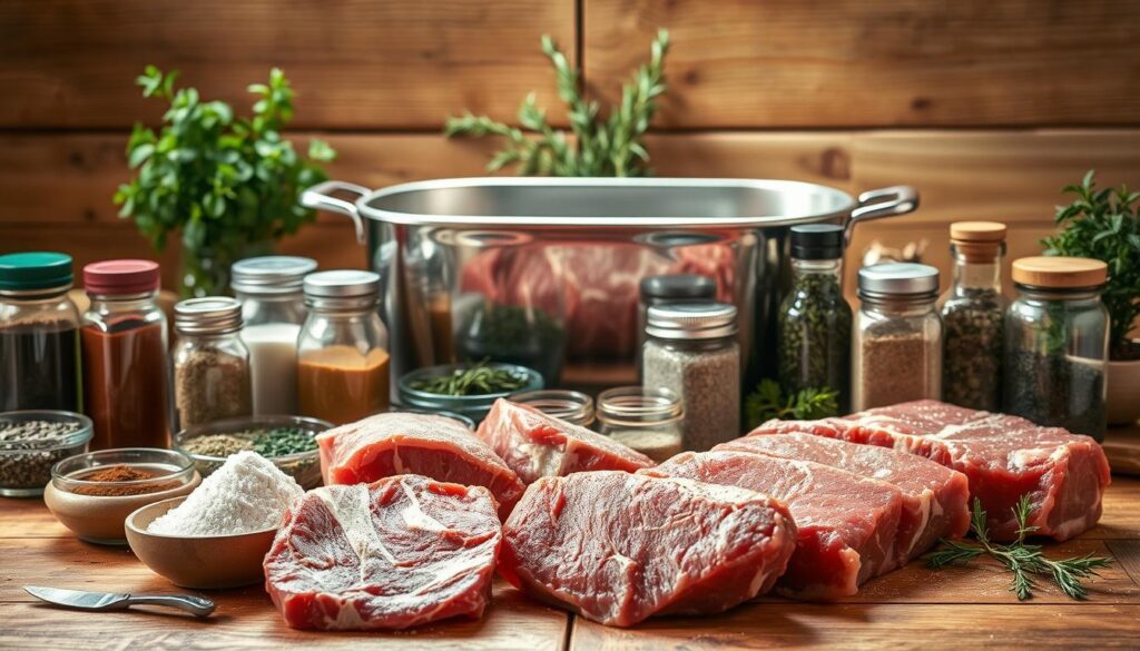 Ingredients for Classic Roast Beef: An array of fresh, high-quality ingredients laid out on a rustic wooden table, illuminated by soft, natural lighting. In the foreground, a selection of choice beef cuts, trimmed and ready for seasoning. Surrounding them, an assortment of aromatic spices, herbs, and seasoning blends in various glass jars and bowls. In the middle ground, a heavy-duty roasting pan, shiny and ready to receive the beef. In the background, a few sprigs of fresh thyme, rosemary, and other greenery, hinting at the flavors to come. The overall scene exudes a sense of culinary anticipation, inviting the viewer to imagine the delicious roast beef dish about to be prepared. Ingredients for Classic Roast Beef: An array of fresh, high-quality ingredients laid out on a rustic wooden table, illuminated by soft, natural lighting. In the foreground, a selection of choice beef cuts, trimmed and ready for seasoning. Surrounding them, an assortment of aromatic spices, herbs, and seasoning blends in various glass jars and bowls. In the middle ground, a heavy-duty roasting pan, shiny and ready to receive the beef. In the background, a few sprigs of fresh thyme, rosemary, and other greenery, hinting at the flavors to come. The overall scene exudes a sense of culinary anticipation, inviting the viewer to imagine the delicious roast beef dish about to be prepared.