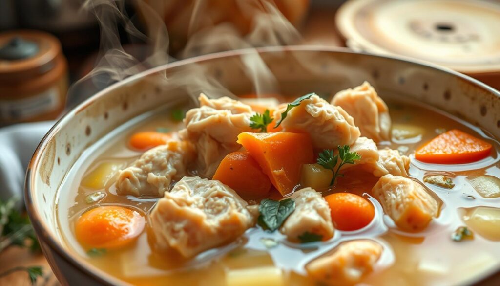 Steaming bowl of homemade classic chicken soup, set against a rustic kitchen backdrop. Plump, tender chicken chunks and fresh, aromatic vegetables - carrots, celery, onions - simmered in a rich, golden broth. Wisps of steam rise from the bowl, hinting at the comforting warmth within. Garnished with fragrant herbs like parsley and thyme, the scene evokes a cozy, nourishing atmosphere. Soft, natural lighting illuminates the scene, casting a gentle glow. The camera angle is slightly elevated, capturing the depth and layered textures of this quintessential comfort food. Steaming bowl of homemade classic chicken soup, set against a rustic kitchen backdrop. Plump, tender chicken chunks and fresh, aromatic vegetables - carrots, celery, onions - simmered in a rich, golden broth. Wisps of steam rise from the bowl, hinting at the comforting warmth within. Garnished with fragrant herbs like parsley and thyme, the scene evokes a cozy, nourishing atmosphere. Soft, natural lighting illuminates the scene, casting a gentle glow. The camera angle is slightly elevated, capturing the depth and layered textures of this quintessential comfort food.