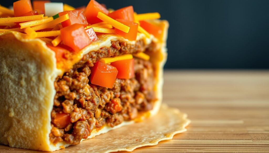 Taco Pie Layering: A delectable cross-section revealing the mouthwatering interior of a homemade taco pie. In the foreground, crisp tortilla layers form the flaky crust, contrasting with the vibrant toppings - seasoned ground beef, shredded cheddar cheese, and diced tomatoes. The middle layer showcases the rich, spicy taco filling, while the background hints at a golden-brown baked top with a dusting of taco seasoning. Soft, natural lighting casts gentle shadows, accentuating the textural details and appetizing color palette. The camera angle provides a clean, minimalist view, allowing the layers of this tempting taco pie creation to shine. Taco Pie Layering: A delectable cross-section revealing the mouthwatering interior of a homemade taco pie. In the foreground, crisp tortilla layers form the flaky crust, contrasting with the vibrant toppings - seasoned ground beef, shredded cheddar cheese, and diced tomatoes. The middle layer showcases the rich, spicy taco filling, while the background hints at a golden-brown baked top with a dusting of taco seasoning. Soft, natural lighting casts gentle shadows, accentuating the textural details and appetizing color palette. The camera angle provides a clean, minimalist view, allowing the layers of this tempting taco pie creation to shine.