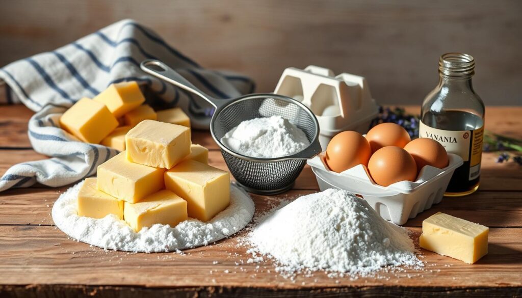 A beautifully lit still life showcasing the essential ingredients for Gateau Breton, the classic buttery French cake. On a rustic wooden table, arrange a pile of golden-hued salted butter, a sifter of powdered sugar, a carton of fresh eggs, and a jar of vanilla extract. In the background, a striped linen towel and a few sprigs of lavender add a touch of French countryside charm. The lighting is soft and natural, creating warm, gentle shadows that accentuate the textures and colors of the ingredients. Capture this scene with a medium-wide angle lens, allowing ample negative space to draw the viewer's eye to the carefully curated assortment of baking essentials. A beautifully lit still life showcasing the essential ingredients for Gateau Breton, the classic buttery French cake. On a rustic wooden table, arrange a pile of golden-hued salted butter, a sifter of powdered sugar, a carton of fresh eggs, and a jar of vanilla extract. In the background, a striped linen towel and a few sprigs of lavender add a touch of French countryside charm. The lighting is soft and natural, creating warm, gentle shadows that accentuate the textures and colors of the ingredients. Capture this scene with a medium-wide angle lens, allowing ample negative space to draw the viewer's eye to the carefully curated assortment of baking essentials.