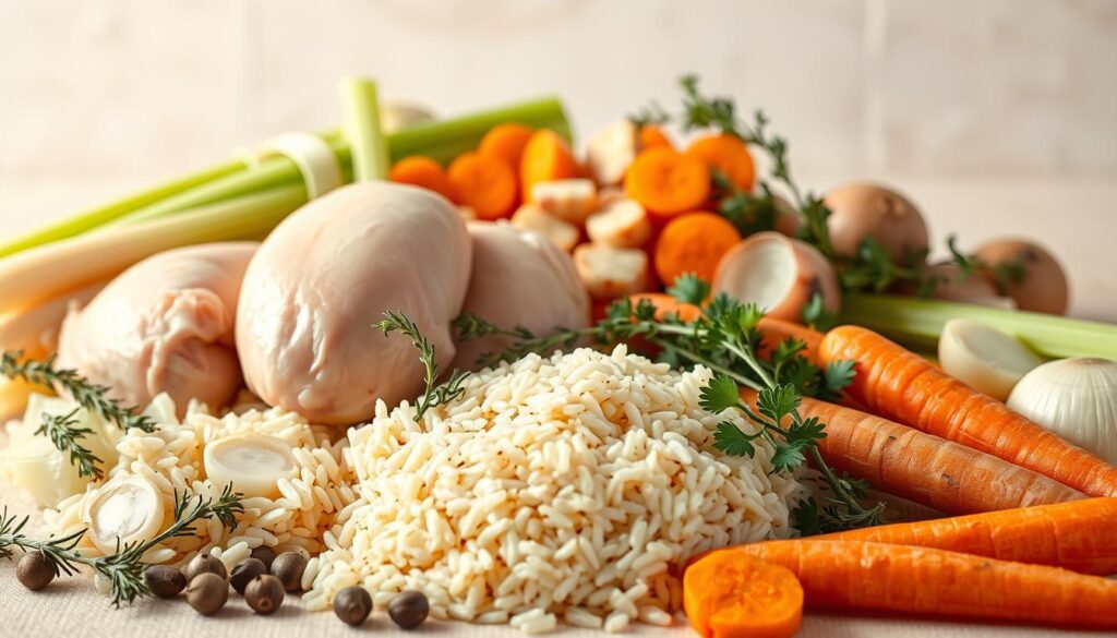 A bountiful still-life arrangement showcasing the essential ingredients for a creamy chicken and rice soup. In the foreground, place whole chicken breasts, tender and juicy, alongside a pile of fragrant, plump grains of long-grain rice. In the middle ground, arrange an array of aromatic vegetables: diced onions, celery stalks, and vibrant carrot coins. Scattered around, sprigs of fresh thyme, sprigs of parsley, and whole peppercorns add depth of flavor. Set against a soft, neutral background, with gentle, warm lighting that casts a cozy, homey atmosphere, inviting the viewer to imagine the comforting aroma and taste of the perfect bowl of chicken and rice soup. A bountiful still-life arrangement showcasing the essential ingredients for a creamy chicken and rice soup. In the foreground, place whole chicken breasts, tender and juicy, alongside a pile of fragrant, plump grains of long-grain rice. In the middle ground, arrange an array of aromatic vegetables: diced onions, celery stalks, and vibrant carrot coins. Scattered around, sprigs of fresh thyme, sprigs of parsley, and whole peppercorns add depth of flavor. Set against a soft, neutral background, with gentle, warm lighting that casts a cozy, homey atmosphere, inviting the viewer to imagine the comforting aroma and taste of the perfect bowl of chicken and rice soup.