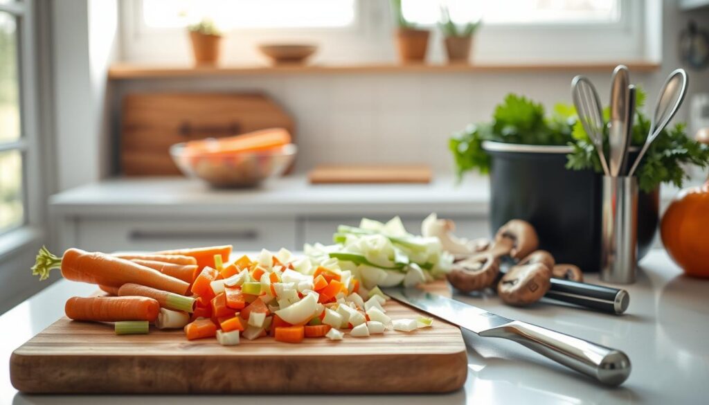 A bright and airy kitchen counter, bathed in soft natural light filtering through large windows. In the foreground, a wooden cutting board holds an array of freshly washed vegetables - crisp carrots, tender celery stalks, fragrant onions, and earthy mushrooms, all neatly chopped and ready for the soup pot. Carefully positioned nearby, a sharp chef's knife and a set of gleaming stainless steel utensils stand at the ready, anticipating the next steps in the soup-making process. The overall scene conveys a sense of organized preparation, efficiency, and the promise of a nourishing, homemade meal to come. A bright and airy kitchen counter, bathed in soft natural light filtering through large windows. In the foreground, a wooden cutting board holds an array of freshly washed vegetables - crisp carrots, tender celery stalks, fragrant onions, and earthy mushrooms, all neatly chopped and ready for the soup pot. Carefully positioned nearby, a sharp chef's knife and a set of gleaming stainless steel utensils stand at the ready, anticipating the next steps in the soup-making process. The overall scene conveys a sense of organized preparation, efficiency, and the promise of a nourishing, homemade meal to come.