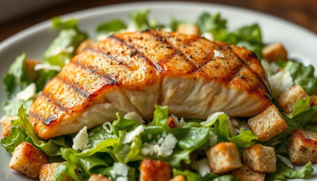 A close-up shot of a fresh grilled salmon fillet, perfectly charred on the outside and flaky on the inside, resting atop a bed of crisp romaine lettuce, tossed with a creamy Caesar dressing. Shredded Parmesan cheese, crunchy croutons, and a sprinkle of freshly ground black pepper add texture and flavor to the salad. The image is captured in a soft, warm lighting, creating a mouthwatering and inviting atmosphere, ready to be enjoyed as part of a delightful and satisfying meal. A close-up shot of a fresh grilled salmon fillet, perfectly charred on the outside and flaky on the inside, resting atop a bed of crisp romaine lettuce, tossed with a creamy Caesar dressing. Shredded Parmesan cheese, crunchy croutons, and a sprinkle of freshly ground black pepper add texture and flavor to the salad. The image is captured in a soft, warm lighting, creating a mouthwatering and inviting atmosphere, ready to be enjoyed as part of a delightful and satisfying meal.