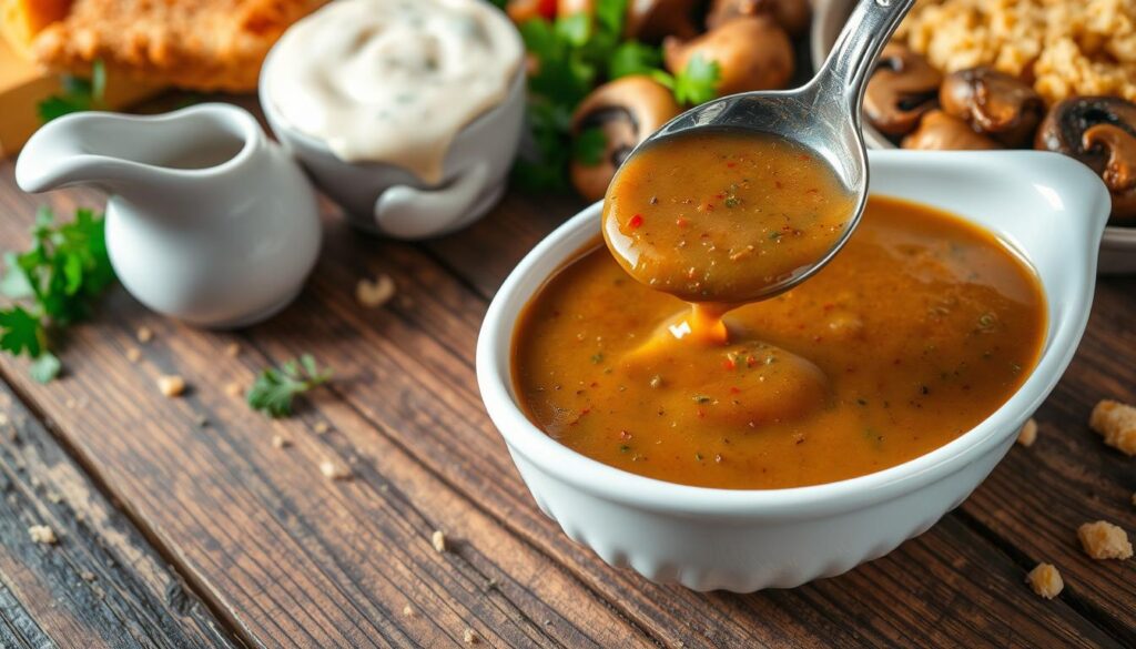 A delectable arrangement of various gravy recipes, meticulously captured on a rustic wooden table. In the foreground, a thick, rich brown gravy with flecks of pepper and herbs, accompanied by a ladle dipping into the savory mixture. In the middle ground, a creamy white gravy, its smooth texture inviting the viewer to imagine the perfect pairing with crisp, golden chicken fried steak. In the background, a tantalizing array of garnishes and accompaniments, including fresh parsley, sautéed mushrooms, and crunchy breadcrumbs, all bathed in warm, soft lighting that accentuates the depth and complexity of these homemade gravy recipes. A delectable arrangement of various gravy recipes, meticulously captured on a rustic wooden table. In the foreground, a thick, rich brown gravy with flecks of pepper and herbs, accompanied by a ladle dipping into the savory mixture. In the middle ground, a creamy white gravy, its smooth texture inviting the viewer to imagine the perfect pairing with crisp, golden chicken fried steak. In the background, a tantalizing array of garnishes and accompaniments, including fresh parsley, sautéed mushrooms, and crunchy breadcrumbs, all bathed in warm, soft lighting that accentuates the depth and complexity of these homemade gravy recipes.