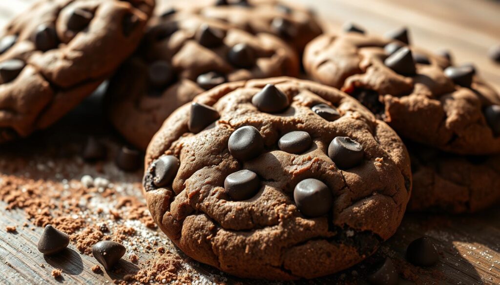A delectable close-up of freshly baked double chocolate chip cookies, their dark chocolate chips glistening against a soft, pillowy texture. Captured in warm, natural lighting that casts gentle shadows, highlighting the decadent, melt-in-your-mouth appearance. The cookies are arranged on a rustic wooden surface, surrounded by a scattering of cocoa powder and a light dusting of confectioner's sugar, creating a visually enticing and inviting scene. The overall mood is cozy, indulgent, and sure to pique the senses, reflecting the irresistible appeal of these chocolatey treats. A delectable close-up of freshly baked double chocolate chip cookies, their dark chocolate chips glistening against a soft, pillowy texture. Captured in warm, natural lighting that casts gentle shadows, highlighting the decadent, melt-in-your-mouth appearance. The cookies are arranged on a rustic wooden surface, surrounded by a scattering of cocoa powder and a light dusting of confectioner's sugar, creating a visually enticing and inviting scene. The overall mood is cozy, indulgent, and sure to pique the senses, reflecting the irresistible appeal of these chocolatey treats.