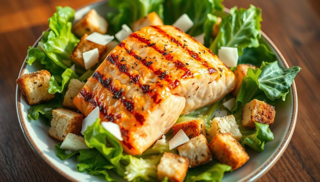 A delectable grilled salmon Caesar salad is the star of this scene. The salmon filet, seared to perfection, rests atop a bed of crisp romaine lettuce, tossed with a creamy Caesar dressing. Crunchy croutons and shaved Parmesan cheese add texture and depth. The arrangement is artfully composed, with the salmon placed at an angle, allowing the vibrant colors and textures to shine. Soft, natural lighting casts a warm glow, accentuating the dish's appetizing appeal. The overall mood is one of sophisticated simplicity, inviting the viewer to savor the harmonious blend of flavors and indulge in this delightful variation of the classic Caesar salad. A delectable grilled salmon Caesar salad is the star of this scene. The salmon filet, seared to perfection, rests atop a bed of crisp romaine lettuce, tossed with a creamy Caesar dressing. Crunchy croutons and shaved Parmesan cheese add texture and depth. The arrangement is artfully composed, with the salmon placed at an angle, allowing the vibrant colors and textures to shine. Soft, natural lighting casts a warm glow, accentuating the dish's appetizing appeal. The overall mood is one of sophisticated simplicity, inviting the viewer to savor the harmonious blend of flavors and indulge in this delightful variation of the classic Caesar salad.