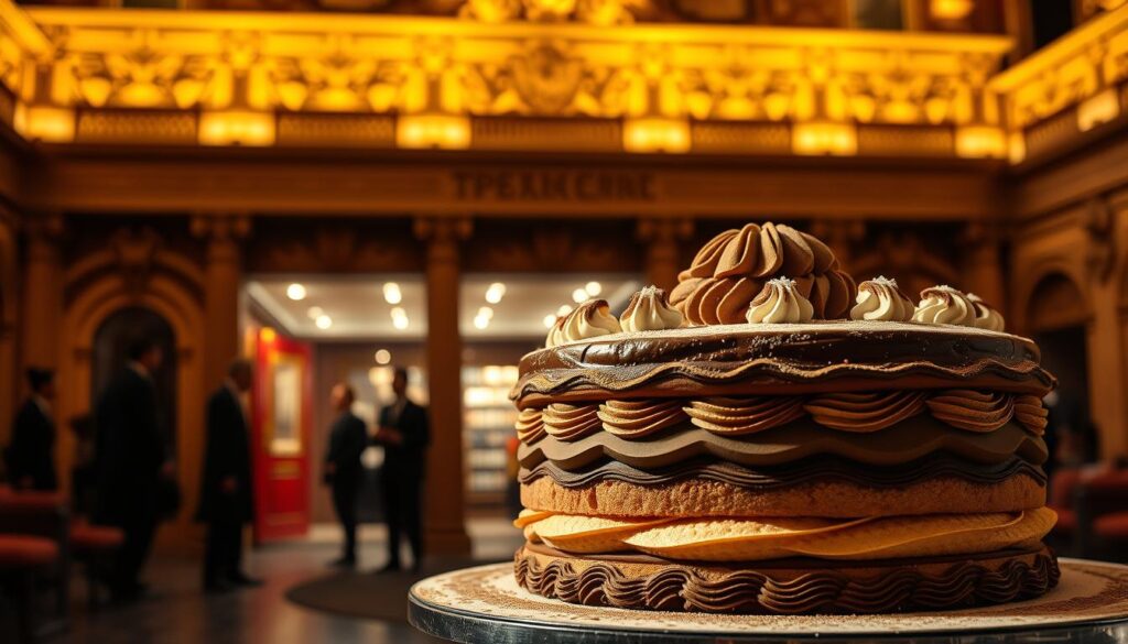 A grand opera house in the style of 19th century French architecture, its ornate facade illuminated by warm, golden lighting. In the foreground, a meticulously crafted Opera Gateau, its delicate layers of chocolate, coffee, and almond sponge cake glistening under the spotlight. The cake is adorned with elegant piping, sugar decorations, and a dusting of cocoa powder, capturing the opulent essence of the historic dessert. In the background, shadowy figures of well-dressed patrons can be seen entering the theater, setting the scene for the rich history and tradition of this iconic Parisian pastry. A grand opera house in the style of 19th century French architecture, its ornate facade illuminated by warm, golden lighting. In the foreground, a meticulously crafted Opera Gateau, its delicate layers of chocolate, coffee, and almond sponge cake glistening under the spotlight. The cake is adorned with elegant piping, sugar decorations, and a dusting of cocoa powder, capturing the opulent essence of the historic dessert. In the background, shadowy figures of well-dressed patrons can be seen entering the theater, setting the scene for the rich history and tradition of this iconic Parisian pastry.