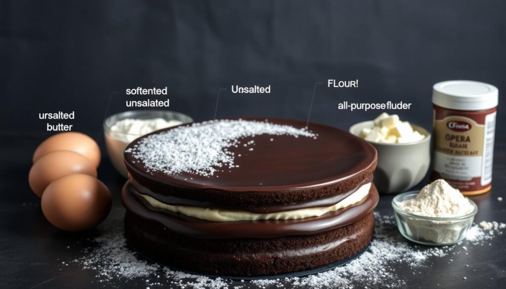 A high-quality, professionally-lit studio photograph showcasing the essential ingredients for an authentic Opera Gateau. In the foreground, a smooth, glossy dark chocolate cake with delicate layers of airy buttercream and rich ganache, dusted with powdered sugar. Surrounding the cake, arranged artfully, are the key components: freshly cracked eggs, softened unsalted butter, fine granulated sugar, all-purpose flour, and high-quality cocoa powder. In the background, a backdrop of elegant, velvety charcoal gray, highlighting the luxurious nature of this classic French pastry. Lit from above with soft, even lighting to accentuate the textures and colors of the ingredients. A high-quality, professionally-lit studio photograph showcasing the essential ingredients for an authentic Opera Gateau. In the foreground, a smooth, glossy dark chocolate cake with delicate layers of airy buttercream and rich ganache, dusted with powdered sugar. Surrounding the cake, arranged artfully, are the key components: freshly cracked eggs, softened unsalted butter, fine granulated sugar, all-purpose flour, and high-quality cocoa powder. In the background, a backdrop of elegant, velvety charcoal gray, highlighting the luxurious nature of this classic French pastry. Lit from above with soft, even lighting to accentuate the textures and colors of the ingredients.