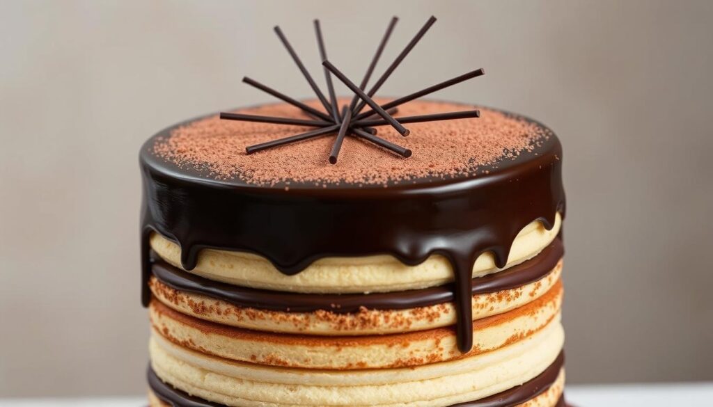 A layered opera gateau with intricate details and a elegant, refined presentation. The cake stands tall, with alternating layers of light sponge cake and rich, creamy chocolate ganache. The top is adorned with a shiny dark chocolate glaze, perfectly smooth and glistening under a soft, directional lighting. Delicate cocoa powder dusting creates a subtle contrast, while thin chocolate strips arranged in a geometric pattern add visual interest. The cake is photographed from a low angle, emphasizing its height and grandeur, set against a backdrop of muted, neutral tones that allow the dessert to take center stage. A layered opera gateau with intricate details and a elegant, refined presentation. The cake stands tall, with alternating layers of light sponge cake and rich, creamy chocolate ganache. The top is adorned with a shiny dark chocolate glaze, perfectly smooth and glistening under a soft, directional lighting. Delicate cocoa powder dusting creates a subtle contrast, while thin chocolate strips arranged in a geometric pattern add visual interest. The cake is photographed from a low angle, emphasizing its height and grandeur, set against a backdrop of muted, neutral tones that allow the dessert to take center stage.