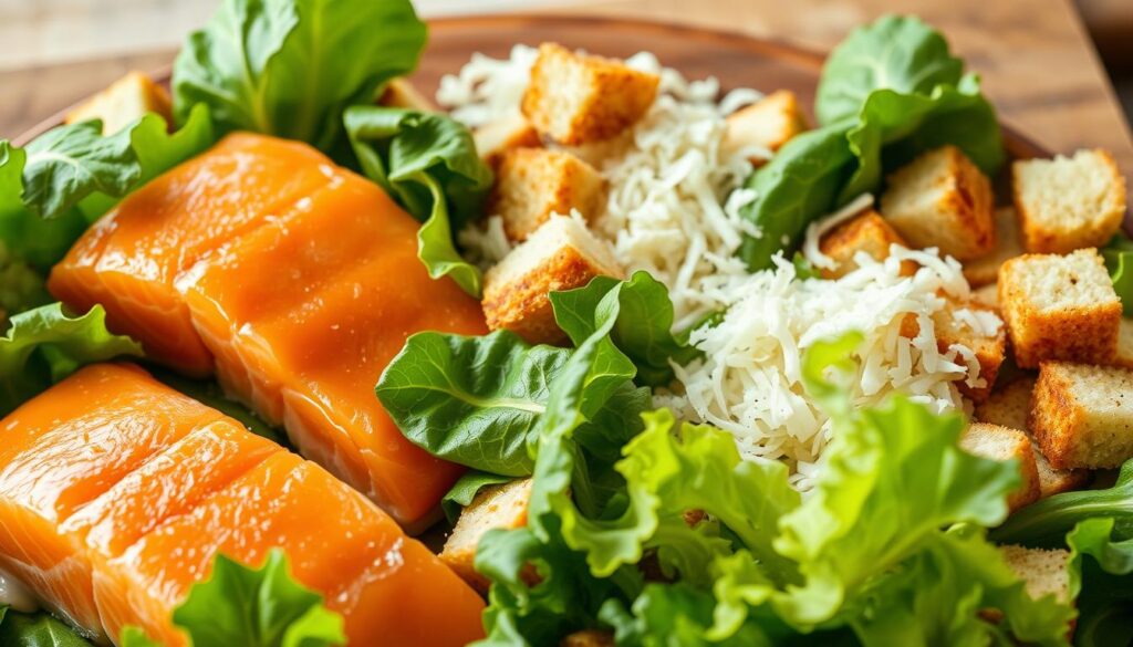 A meticulously arranged spread of fresh, vibrant ingredients for a delectable salmon caesar salad. In the foreground, glistening salmon fillets, their moist, flaky texture enticing the viewer. Surrounding them, crisp romaine lettuce leaves, their deep green hues and wavy edges capturing the essence of a classic caesar salad. Scattered throughout, tender croutons, their golden-brown surfaces reflecting soft, warm lighting. In the middle ground, shredded parmesan cheese, its sharp, salty aroma wafting through the scene. In the background, a subtle yet elegant setting, with a wooden cutting board providing a rustic, natural backdrop. The overall composition exudes a sense of culinary sophistication and invites the viewer to indulge in the perfect salmon caesar salad. A meticulously arranged spread of fresh, vibrant ingredients for a delectable salmon caesar salad. In the foreground, glistening salmon fillets, their moist, flaky texture enticing the viewer. Surrounding them, crisp romaine lettuce leaves, their deep green hues and wavy edges capturing the essence of a classic caesar salad. Scattered throughout, tender croutons, their golden-brown surfaces reflecting soft, warm lighting. In the middle ground, shredded parmesan cheese, its sharp, salty aroma wafting through the scene. In the background, a subtle yet elegant setting, with a wooden cutting board providing a rustic, natural backdrop. The overall composition exudes a sense of culinary sophistication and invites the viewer to indulge in the perfect salmon caesar salad.