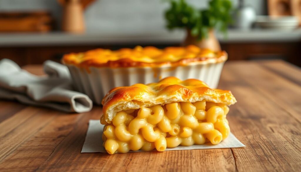 A meticulously crafted macaroni pie, its golden-brown surface glistening under warm, directional lighting. The foreground features an inviting cross-section, revealing layers of perfectly cooked elbow macaroni enveloped in a rich, creamy cheese sauce. The middle ground showcases a rustic, wooden table, its surface adorned with a simple, linen napkin. In the background, a softly blurred kitchen setting, hinting at the nurturing environment where this comforting dish was prepared. The overall composition conveys a sense of homely, artisanal craftsmanship, inviting the viewer to savor the satisfying textures and flavors of the perfect macaroni pie. A meticulously crafted macaroni pie, its golden-brown surface glistening under warm, directional lighting. The foreground features an inviting cross-section, revealing layers of perfectly cooked elbow macaroni enveloped in a rich, creamy cheese sauce. The middle ground showcases a rustic, wooden table, its surface adorned with a simple, linen napkin. In the background, a softly blurred kitchen setting, hinting at the nurturing environment where this comforting dish was prepared. The overall composition conveys a sense of homely, artisanal craftsmanship, inviting the viewer to savor the satisfying textures and flavors of the perfect macaroni pie.
