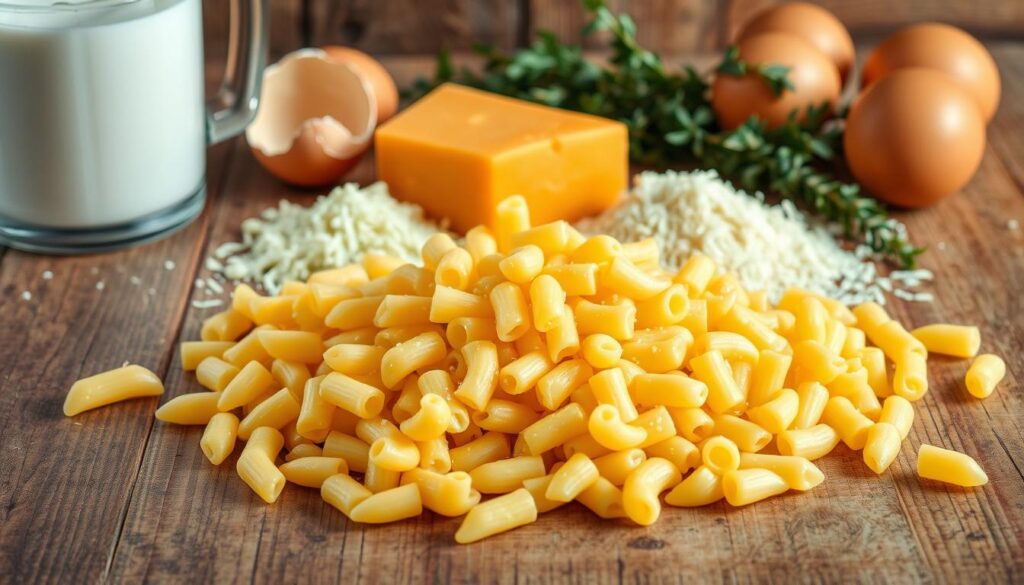 A neatly arranged composition of essential ingredients for an authentic macaroni pie. In the foreground, a pile of uncooked elbow macaroni noodles spilling across a rustic wooden table, their pale yellow hues complemented by the warm lighting. In the middle ground, a wedge of sharp cheddar cheese, its orange rind glistening, and a small heap of freshly grated parmesan. In the background, a few eggs in their shells, a glass measuring cup filled with milk, and a bundle of fresh thyme. The scene is bathed in a soft, diffused light, creating a cozy, homey atmosphere befitting the comforting dish. A neatly arranged composition of essential ingredients for an authentic macaroni pie. In the foreground, a pile of uncooked elbow macaroni noodles spilling across a rustic wooden table, their pale yellow hues complemented by the warm lighting. In the middle ground, a wedge of sharp cheddar cheese, its orange rind glistening, and a small heap of freshly grated parmesan. In the background, a few eggs in their shells, a glass measuring cup filled with milk, and a bundle of fresh thyme. The scene is bathed in a soft, diffused light, creating a cozy, homey atmosphere befitting the comforting dish.
