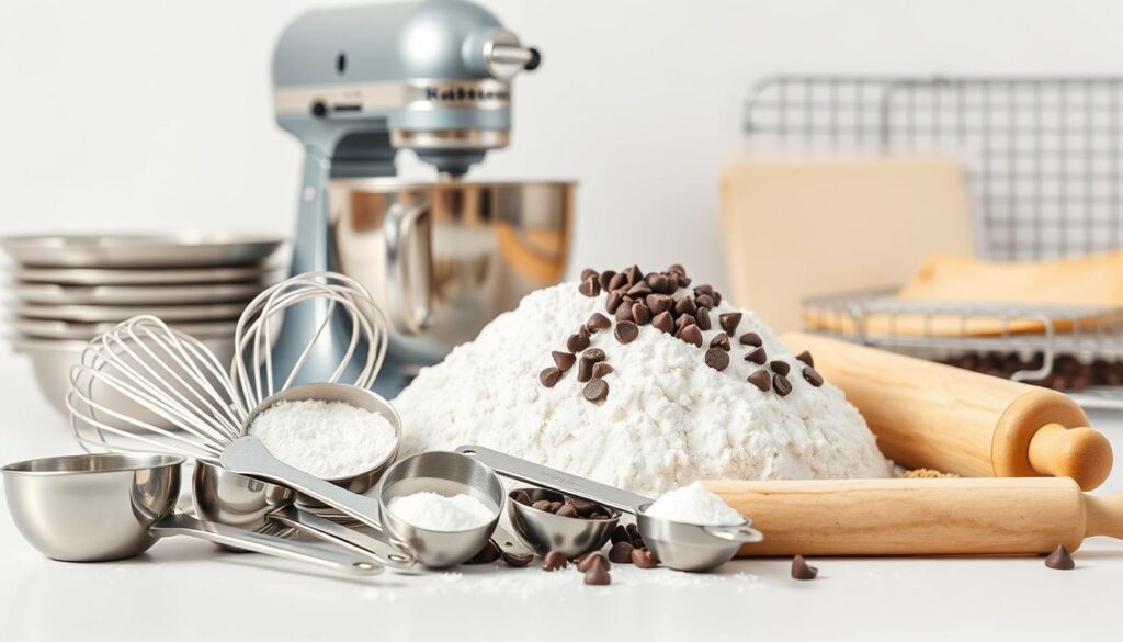 A neatly arranged tableau of essential baking tools and ingredients, set against a clean, bright background. In the foreground, a collection of measuring cups and spoons, a whisk, and a rolling pin, all in polished stainless steel. Behind them, a pile of all-purpose flour, granulated sugar, and dark chocolate chips, their textures and colors contrasting beautifully. In the middle ground, a stand mixer with its signature KitchenAid silhouette, its chrome finish gleaming. In the background, a few baking sheets and a wire cooling rack, hinting at the delicious treats to come. The lighting is soft and even, casting subtle shadows that add depth and dimension to the scene. The overall mood is one of organization, precision, and the joy of baking. A neatly arranged tableau of essential baking tools and ingredients, set against a clean, bright background. In the foreground, a collection of measuring cups and spoons, a whisk, and a rolling pin, all in polished stainless steel. Behind them, a pile of all-purpose flour, granulated sugar, and dark chocolate chips, their textures and colors contrasting beautifully. In the middle ground, a stand mixer with its signature KitchenAid silhouette, its chrome finish gleaming. In the background, a few baking sheets and a wire cooling rack, hinting at the delicious treats to come. The lighting is soft and even, casting subtle shadows that add depth and dimension to the scene. The overall mood is one of organization, precision, and the joy of baking.