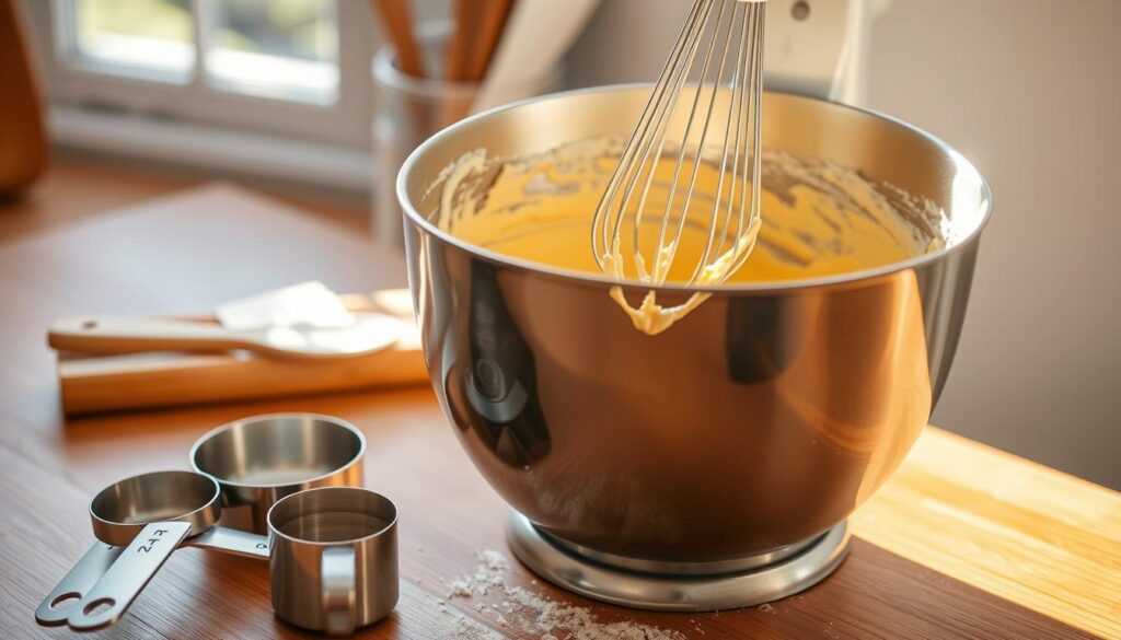 A stainless steel mixing bowl sits on a wooden kitchen counter, filled with a creamy, golden-hued cake batter. Whisk marks and scattered flour grains suggest a recently completed mixing process. Bright, natural light from a nearby window casts a warm glow, highlighting the batter's smooth, velvety texture. In the foreground, a pair of measuring cups and a wooden spoon provide a sense of scale and the hands-on nature of the preparation. The overall scene conveys a sense of homemade, artisanal baking, ready for the next steps of the cake-making journey. A stainless steel mixing bowl sits on a wooden kitchen counter, filled with a creamy, golden-hued cake batter. Whisk marks and scattered flour grains suggest a recently completed mixing process. Bright, natural light from a nearby window casts a warm glow, highlighting the batter's smooth, velvety texture. In the foreground, a pair of measuring cups and a wooden spoon provide a sense of scale and the hands-on nature of the preparation. The overall scene conveys a sense of homemade, artisanal baking, ready for the next steps of the cake-making journey.