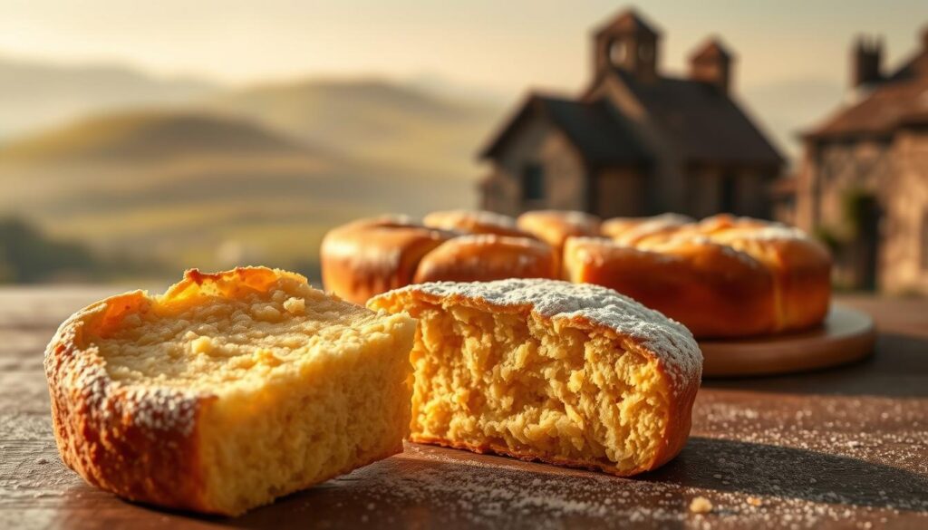 A traditional French pastry, a gateau breton is captured in a warm, soft-focus composition. In the foreground, a slice of the golden cake reveals its rich, buttery crumb, dusted with powdered sugar. The middle ground showcases the full gateau, its flaky crust glistening under soft lighting. In the background, hazy silhouettes of rolling hills and charming stone cottages evoke the pastoral Brittany region where this delicacy originated. The overall scene conveys the timeless elegance and historical significance of this beloved French dessert. A traditional French pastry, a gateau breton is captured in a warm, soft-focus composition. In the foreground, a slice of the golden cake reveals its rich, buttery crumb, dusted with powdered sugar. The middle ground showcases the full gateau, its flaky crust glistening under soft lighting. In the background, hazy silhouettes of rolling hills and charming stone cottages evoke the pastoral Brittany region where this delicacy originated. The overall scene conveys the timeless elegance and historical significance of this beloved French dessert.