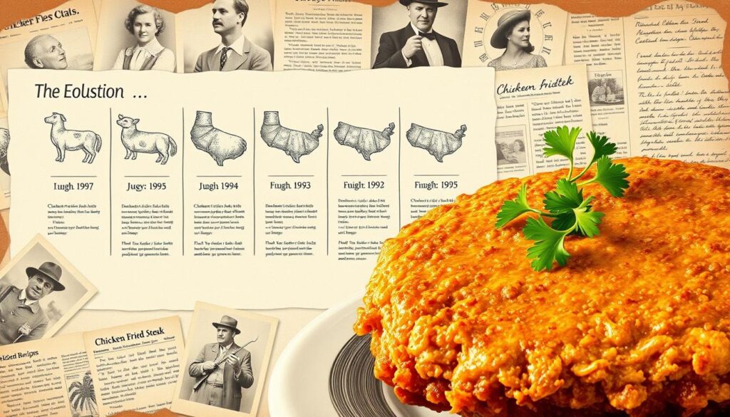 A vintage-style illustration depicting the evolution of chicken fried steak over time. In the foreground, a juicy, golden-brown chicken fried steak with a crisp, flaky crust, garnished with freshly chopped parsley. In the middle ground, a series of hand-drawn sketches showcasing the dish's transition from its rustic pioneer origins to its modern interpretation, each panel labeled with a historical era. The background features a collage of sepia-toned archival photographs, newspaper clippings, and handwritten recipes, creating a sense of nostalgia and celebrating the storied history of this iconic Southern dish. A vintage-style illustration depicting the evolution of chicken fried steak over time. In the foreground, a juicy, golden-brown chicken fried steak with a crisp, flaky crust, garnished with freshly chopped parsley. In the middle ground, a series of hand-drawn sketches showcasing the dish's transition from its rustic pioneer origins to its modern interpretation, each panel labeled with a historical era. The background features a collage of sepia-toned archival photographs, newspaper clippings, and handwritten recipes, creating a sense of nostalgia and celebrating the storied history of this iconic Southern dish.