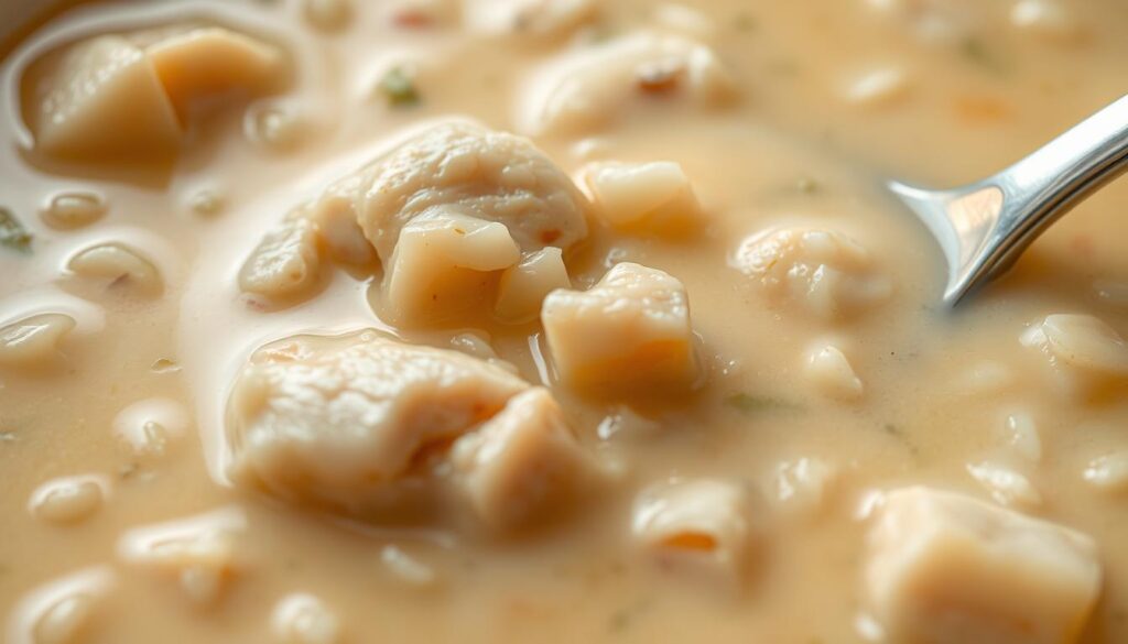 Creamy, velvety chicken and rice soup texture, with a smooth, luscious mouthfeel. Soft, tender chicken pieces suspended in a rich, creamy broth, infused with the comforting flavors of simmered aromatics. The grains of rice, cooked to a pillowy softness, gently thickening the soup. Warm, ambient lighting casts a cozy glow, highlighting the inviting, silky consistency. Captured from a close, intimate angle, emphasizing the luxurious, spoonable quality of this nourishing, comforting dish. Creamy, velvety chicken and rice soup texture, with a smooth, luscious mouthfeel. Soft, tender chicken pieces suspended in a rich, creamy broth, infused with the comforting flavors of simmered aromatics. The grains of rice, cooked to a pillowy softness, gently thickening the soup. Warm, ambient lighting casts a cozy glow, highlighting the inviting, silky consistency. Captured from a close, intimate angle, emphasizing the luxurious, spoonable quality of this nourishing, comforting dish.