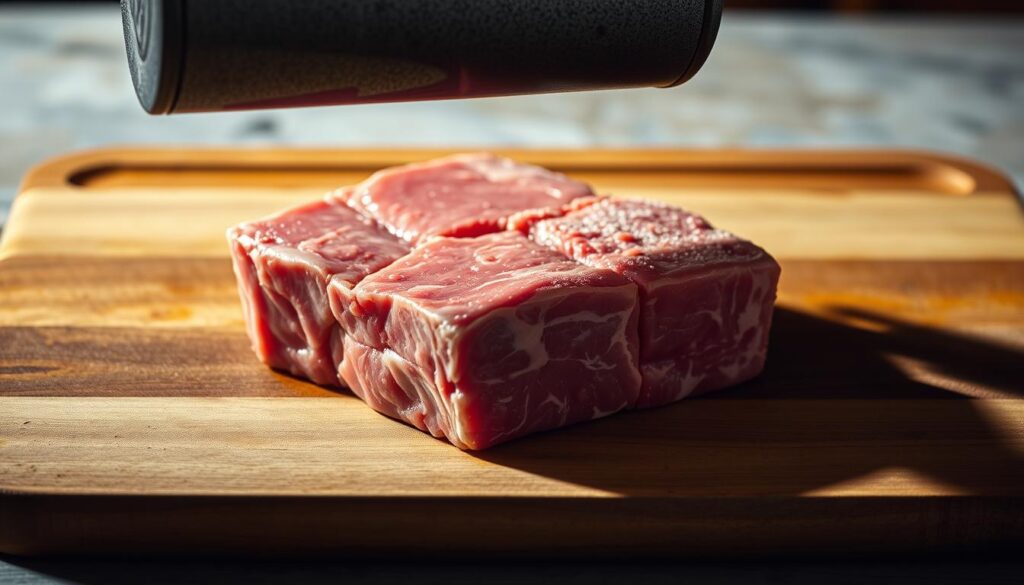 Cube steak on a wooden cutting board, with a heavy metal meat mallet poised above it. The steak is glistening, as if freshly rinsed. The mallet casts a strong shadow, suggesting dramatic directional lighting from the side. The background is softly blurred, hinting at a rustic kitchen setting. The composition is balanced, with the steak centered and the mallet leading the eye to it. An air of focused preparation and care pervades the scene, capturing the essence of properly tenderizing meat for a delicious chicken fried steak. Cube steak on a wooden cutting board, with a heavy metal meat mallet poised above it. The steak is glistening, as if freshly rinsed. The mallet casts a strong shadow, suggesting dramatic directional lighting from the side. The background is softly blurred, hinting at a rustic kitchen setting. The composition is balanced, with the steak centered and the mallet leading the eye to it. An air of focused preparation and care pervades the scene, capturing the essence of properly tenderizing meat for a delicious chicken fried steak.