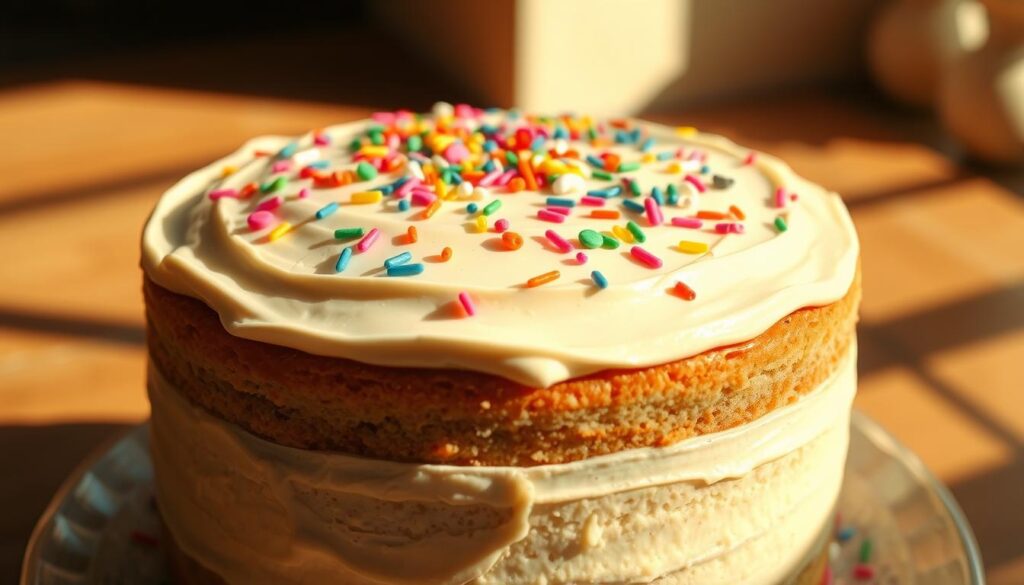 Detailed close-up of a delicious homemade birthday cake, freshly baked and frosted. The cake is centered in the frame, with a soft, creamy white frosting covering the top and sides. Vibrant rainbow sprinkles are generously scattered across the top, adding a festive touch. Warm, natural lighting illuminates the scene, casting gentle shadows that highlight the cake's texture and dimensions. The background is slightly blurred, keeping the focus on the tempting birthday cake. The composition and lighting evoke a cozy, inviting atmosphere, perfect for an article on how to make the perfect birthday cake at home. Detailed close-up of a delicious homemade birthday cake, freshly baked and frosted. The cake is centered in the frame, with a soft, creamy white frosting covering the top and sides. Vibrant rainbow sprinkles are generously scattered across the top, adding a festive touch. Warm, natural lighting illuminates the scene, casting gentle shadows that highlight the cake's texture and dimensions. The background is slightly blurred, keeping the focus on the tempting birthday cake. The composition and lighting evoke a cozy, inviting atmosphere, perfect for an article on how to make the perfect birthday cake at home.