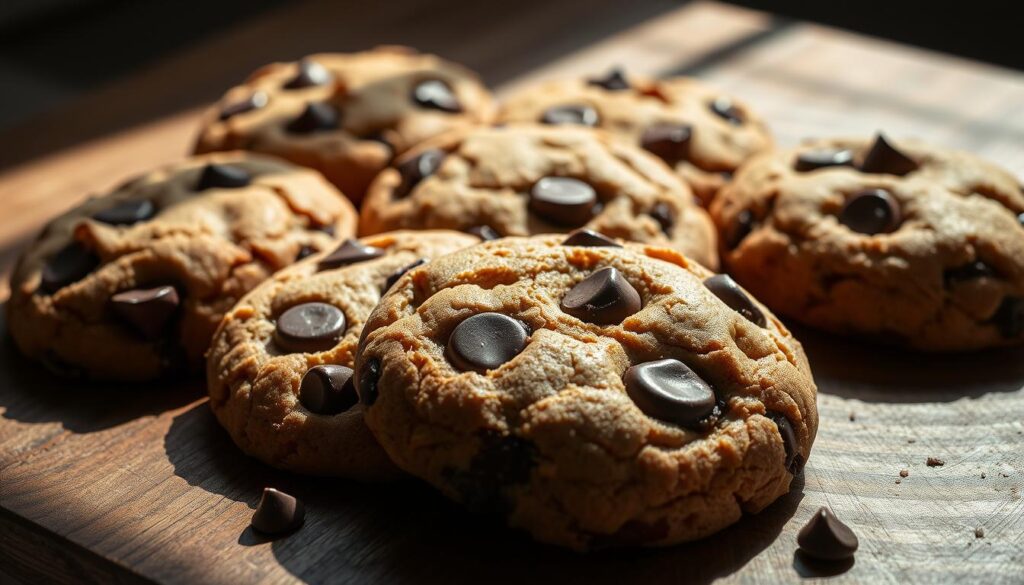 Freshly baked double chocolate chip cookies, their warm, crumbly exterior revealing molten pockets of rich, dark chocolate. Artfully arranged on a rustic wooden surface, the cookies cast soft shadows under dramatic side lighting, creating depth and dimension. Hints of cinnamon and vanilla waft through the air, complementing the decadent aroma of the chocolate. The scene is both inviting and indulgent, capturing the essence of the essential ingredients required to craft the perfect double chocolate chip cookie. Freshly baked double chocolate chip cookies, their warm, crumbly exterior revealing molten pockets of rich, dark chocolate. Artfully arranged on a rustic wooden surface, the cookies cast soft shadows under dramatic side lighting, creating depth and dimension. Hints of cinnamon and vanilla waft through the air, complementing the decadent aroma of the chocolate. The scene is both inviting and indulgent, capturing the essence of the essential ingredients required to craft the perfect double chocolate chip cookie.