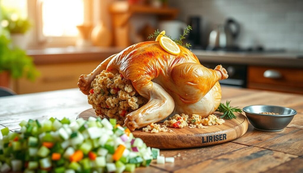 A beautifully arranged Cornish hen stuffed with a savory mixture of herbs, diced vegetables, and bread crumbs, sits on a rustic wooden table. In the foreground, a colorful spread of fresh ingredients—chopped celery, onions, and parsley—adjoins the hen, while a small bowl of spices rests nearby. In the middle, the golden-brown Cornish hen is garnished with sprigs of thyme and a few slices of lemon, reflecting its deliciously cooked exterior. The background features a softly blurred kitchen ambiance with warm, natural light streaming through a window, creating a cozy and inviting atmosphere. The image captures the essence of home cooking and the comforting allure of preparing a special meal for loved ones, with a focus on the joy of mastering the stuffing recipe. A beautifully arranged Cornish hen stuffed with a savory mixture of herbs, diced vegetables, and bread crumbs, sits on a rustic wooden table. In the foreground, a colorful spread of fresh ingredients—chopped celery, onions, and parsley—adjoins the hen, while a small bowl of spices rests nearby. In the middle, the golden-brown Cornish hen is garnished with sprigs of thyme and a few slices of lemon, reflecting its deliciously cooked exterior. The background features a softly blurred kitchen ambiance with warm, natural light streaming through a window, creating a cozy and inviting atmosphere. The image captures the essence of home cooking and the comforting allure of preparing a special meal for loved ones, with a focus on the joy of mastering the stuffing recipe.