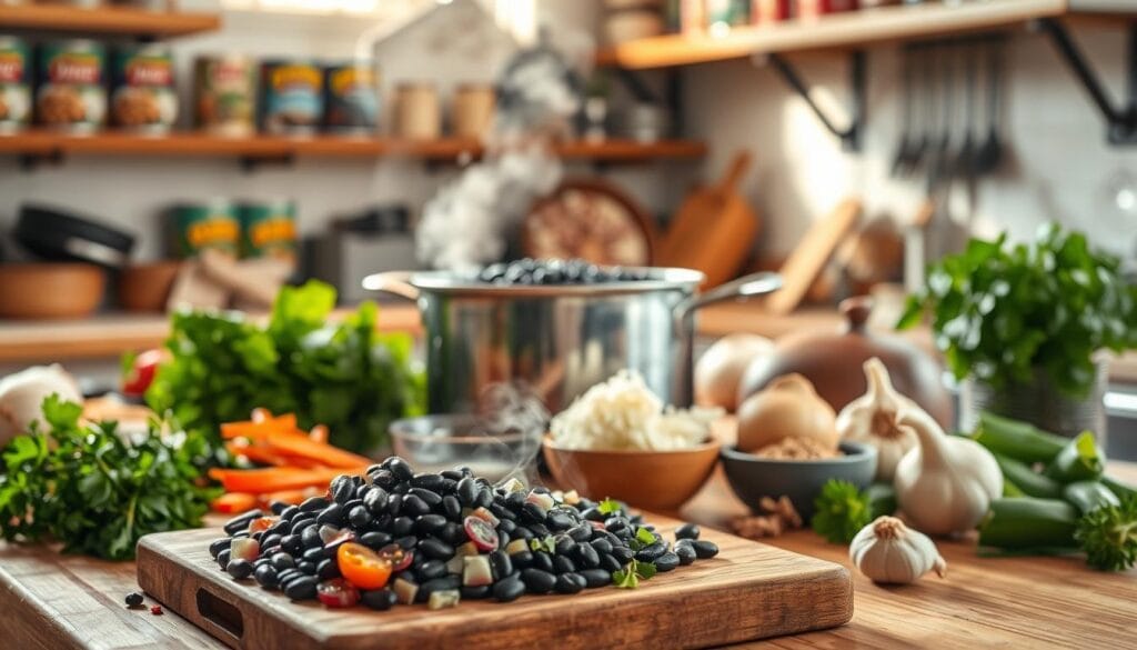 A beautifully arranged kitchen countertop featuring a vibrant black bean dish as the centerpiece, surrounded by essential cooking ingredients like fresh herbs, garlic, onions, and spices. In the foreground, a rustic wooden cutting board with diced vegetables and a bowl of dried black beans. In the middle, a pot simmering with black beans and aromatic ingredients, steaming slightly to convey warmth and inviting aroma. In the background, soft-focus shelves lined with canned beans and cooking tools, hinting at preparation methods. The lighting is warm and natural, with sunlight filtering through a nearby window, creating a cozy atmosphere. The scene conveys a sense of healthy meal preparation, inspiring the viewer to try these ingredients. A beautifully arranged kitchen countertop featuring a vibrant black bean dish as the centerpiece, surrounded by essential cooking ingredients like fresh herbs, garlic, onions, and spices. In the foreground, a rustic wooden cutting board with diced vegetables and a bowl of dried black beans. In the middle, a pot simmering with black beans and aromatic ingredients, steaming slightly to convey warmth and inviting aroma. In the background, soft-focus shelves lined with canned beans and cooking tools, hinting at preparation methods. The lighting is warm and natural, with sunlight filtering through a nearby window, creating a cozy atmosphere. The scene conveys a sense of healthy meal preparation, inspiring the viewer to try these ingredients.
