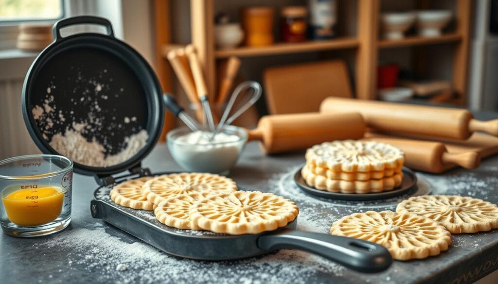 A beautifully arranged kitchen countertop set up for making pizzelles, showcasing essential equipment. In the foreground, a traditional pizzelle iron sits open, revealing intricate, golden-brown cookies. Beside it, a measuring cup with flour, a bowl with eggs, and a whisk are neatly arranged. In the middle ground, a vintage wooden rolling pin and a stack of freshly baked pizzelles, lightly dusted with powdered sugar, convey a sense of warmth and home. The background features soft-focus shelves filled with baking supplies, creating an inviting atmosphere. Warm, natural lighting from a nearby window enhances the cozy feel, while the angle captures both the tools and delicious outcome, promising an enjoyable baking experience. A beautifully arranged kitchen countertop set up for making pizzelles, showcasing essential equipment. In the foreground, a traditional pizzelle iron sits open, revealing intricate, golden-brown cookies. Beside it, a measuring cup with flour, a bowl with eggs, and a whisk are neatly arranged. In the middle ground, a vintage wooden rolling pin and a stack of freshly baked pizzelles, lightly dusted with powdered sugar, convey a sense of warmth and home. The background features soft-focus shelves filled with baking supplies, creating an inviting atmosphere. Warm, natural lighting from a nearby window enhances the cozy feel, while the angle captures both the tools and delicious outcome, promising an enjoyable baking experience.