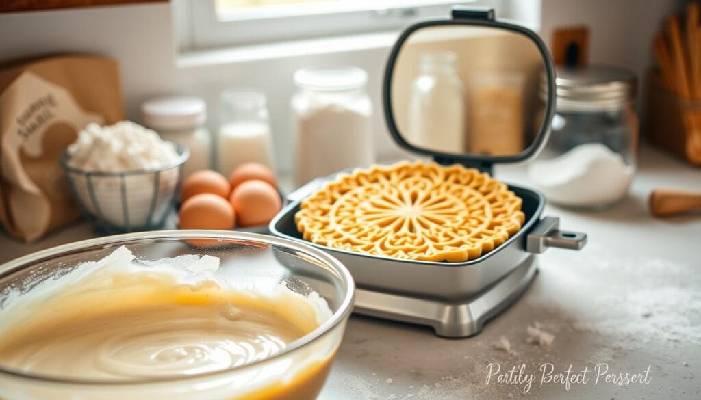 A beautifully arranged kitchen countertop with an elegant bowl of freshly mixed pizzelle batter sitting prominently in the foreground. The batter has a smooth, creamy texture, with hints of vanilla and a sprinkle of flour visible on the edge of the bowl. In the middle, a traditional pizzelle iron is open with a golden, freshly cooked pizzelle resting inside, featuring intricate designs. Soft, natural light filters through a nearby window, casting a warm glow across the scene and highlighting the ingredients: eggs, sugar, and flour neatly arranged in the background. The atmosphere is cozy and inviting, evoking the joy of family traditions and baking, with a focus on preparing for the perfect dessert. The image should capture the essence of homemade cooking, with an emphasis on detail and texture. A beautifully arranged kitchen countertop with an elegant bowl of freshly mixed pizzelle batter sitting prominently in the foreground. The batter has a smooth, creamy texture, with hints of vanilla and a sprinkle of flour visible on the edge of the bowl. In the middle, a traditional pizzelle iron is open with a golden, freshly cooked pizzelle resting inside, featuring intricate designs. Soft, natural light filters through a nearby window, casting a warm glow across the scene and highlighting the ingredients: eggs, sugar, and flour neatly arranged in the background. The atmosphere is cozy and inviting, evoking the joy of family traditions and baking, with a focus on preparing for the perfect dessert. The image should capture the essence of homemade cooking, with an emphasis on detail and texture.