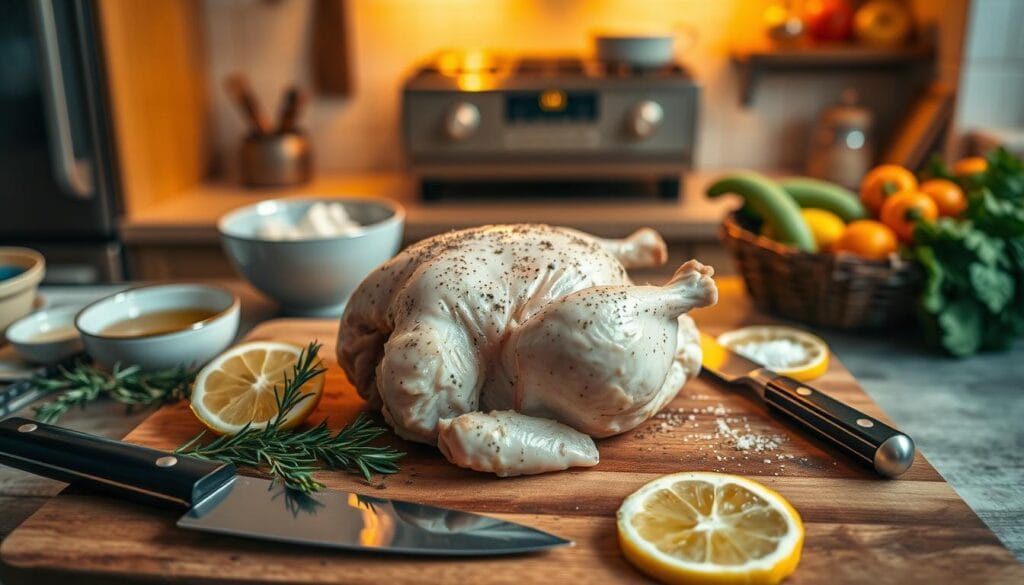 A beautifully arranged kitchen scene focusing on a freshly prepared Cornish hen ready for the oven. In the foreground, the Cornish hen is seasoned and placed on a rustic wooden cutting board, surrounded by fresh herbs like rosemary and thyme, and slices of lemon. The middle layer includes elegant kitchen tools, such as a sharp chef's knife, a bowl of olive oil, and a sprinkle of salt and pepper for seasoning. In the background, a cozy kitchen filled with warm, golden lighting enhances the inviting atmosphere; a softly lit oven and colorful vegetables add to the homely feel. The image is captured from a slightly overhead angle, offering a clear view of the preparation process, evoking a sense of comfort and culinary delight. A beautifully arranged kitchen scene focusing on a freshly prepared Cornish hen ready for the oven. In the foreground, the Cornish hen is seasoned and placed on a rustic wooden cutting board, surrounded by fresh herbs like rosemary and thyme, and slices of lemon. The middle layer includes elegant kitchen tools, such as a sharp chef's knife, a bowl of olive oil, and a sprinkle of salt and pepper for seasoning. In the background, a cozy kitchen filled with warm, golden lighting enhances the inviting atmosphere; a softly lit oven and colorful vegetables add to the homely feel. The image is captured from a slightly overhead angle, offering a clear view of the preparation process, evoking a sense of comfort and culinary delight.