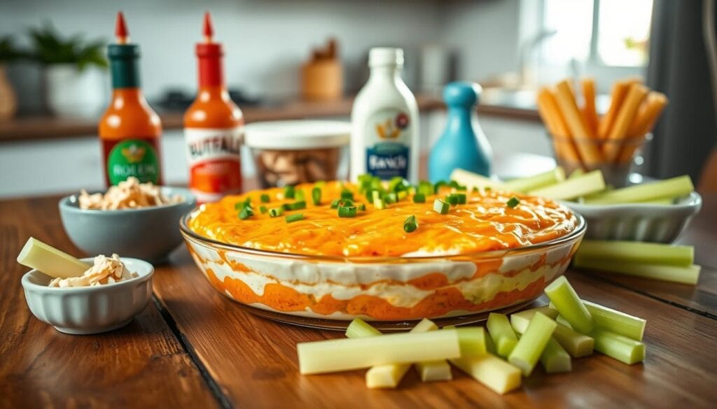 A beautifully arranged plate of buffalo chicken dip, showcasing layers of creamy orange dip topped with melted cheese and green onions. In the foreground, use a rustic wooden table for an inviting and warm feel. Surround the dish with essential ingredients: a small bowl of shredded chicken, a bottle of hot sauce, cream cheese, ranch dressing, and celery sticks for dipping. The middle ground features bright natural lighting illuminating the dip, making it the focal point. In the background, there should be a blurred kitchen setting to evoke a homey atmosphere. Capture the scene from a slightly elevated angle, emphasizing the dip's texture and vibrant colors, enhancing the inviting and appetizing mood.