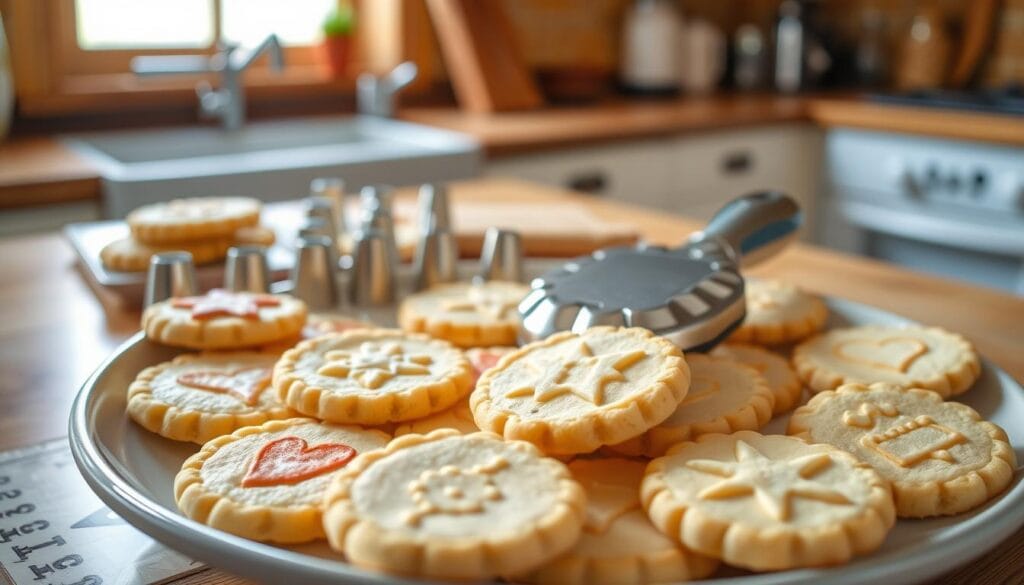 A beautifully arranged plate of buttery spritz cookies, each cookie displaying intricate designs created by a cookie press. The foreground should showcase the cookies in an inviting manner, highlighting their golden-brown edges and soft, tender texture. In the middle, place a high-quality cookie press made of stainless steel with various decorative nozzles, directly illustrating essential tools for achieving perfect spritz cookies. The background features a warm, rustic kitchen countertop with soft natural lighting filtering through a nearby window, creating a cozy baking atmosphere. The scene is shot from a slightly elevated angle, emphasizing the delightful detail of the cookies while providing a sense of homey warmth and the joy of baking.