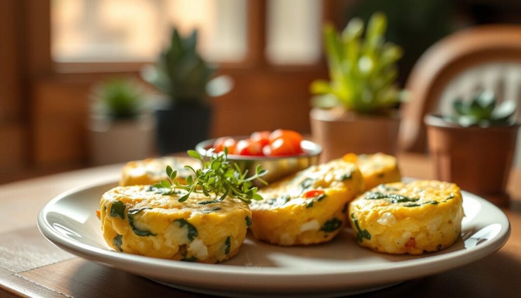 A beautifully arranged plate of low carb Starbucks egg bites, showcasing their fluffy, golden texture and rich ingredients such as spinach, feta cheese, and bell peppers. In the foreground, the egg bites are the focal point, glistening under soft, natural lighting that highlights their freshness. The middle ground features a delicate garnish of microgreens and a small bowl of homemade salsa for color contrast. The background is blurred, suggesting an inviting cozy café setting with warm wooden tones and soft bokeh of decorative plants, creating a comfortable atmosphere. The overall mood is bright and appetizing, emphasizing a healthy and delicious breakfast option. A beautifully arranged plate of low carb Starbucks egg bites, showcasing their fluffy, golden texture and rich ingredients such as spinach, feta cheese, and bell peppers. In the foreground, the egg bites are the focal point, glistening under soft, natural lighting that highlights their freshness. The middle ground features a delicate garnish of microgreens and a small bowl of homemade salsa for color contrast. The background is blurred, suggesting an inviting cozy café setting with warm wooden tones and soft bokeh of decorative plants, creating a comfortable atmosphere. The overall mood is bright and appetizing, emphasizing a healthy and delicious breakfast option.