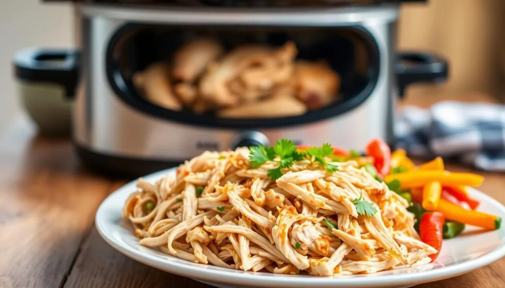 A beautifully arranged plate of slow cooker shredded chicken, sitting in the foreground, garnished with fresh parsley and served alongside a side of colorful steamed vegetables. The chicken is tender and juicy, showcasing its rich, flavorful texture. In the middle, a rustic wooden table enhances the homely feel, with a slow cooker in the background, slightly blurred, displaying the chicken within. Soft, warm lighting creates a cozy atmosphere, emphasizing the inviting nature of the dish. The angle is slightly overhead, capturing the vibrant colors of the food and the natural wood grain of the table. The overall mood conveys comfort and home-cooked goodness, perfect for enticing readers about delicious shredded chicken recipes.