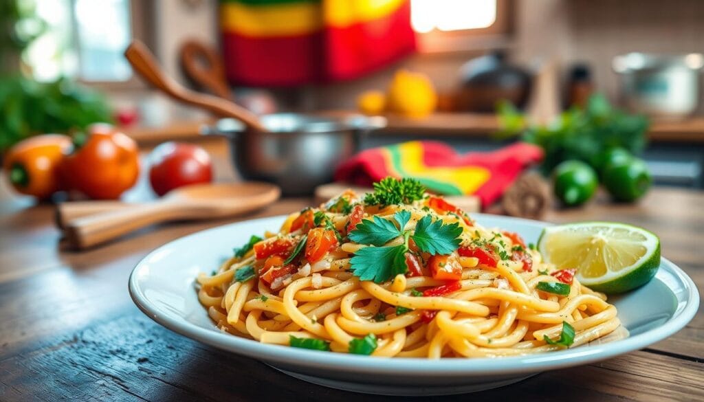 A beautifully arranged plate of traditional Rasta pasta, showcasing vibrant, colorful ingredients like bell peppers, onions, and herbs mixed into perfectly cooked pasta. In the foreground, the pasta is artfully garnished with a sprinkle of fresh parsley and a slice of lime on the side, creating a burst of color and freshness. In the middle ground, a rustic wooden table enhances the authentic feel, accompanied by cooking utensils like a wooden spoon and a vibrant red, yellow, and green patterned cloth representing Rastafarian culture. The background features a warm, inviting kitchen with soft, natural lighting streaming through a window, casting a cozy glow. The overall mood is lively and inviting, perfect for a culinary journey into the heart of Caribbean flavors. A beautifully arranged plate of traditional Rasta pasta, showcasing vibrant, colorful ingredients like bell peppers, onions, and herbs mixed into perfectly cooked pasta. In the foreground, the pasta is artfully garnished with a sprinkle of fresh parsley and a slice of lime on the side, creating a burst of color and freshness. In the middle ground, a rustic wooden table enhances the authentic feel, accompanied by cooking utensils like a wooden spoon and a vibrant red, yellow, and green patterned cloth representing Rastafarian culture. The background features a warm, inviting kitchen with soft, natural lighting streaming through a window, casting a cozy glow. The overall mood is lively and inviting, perfect for a culinary journey into the heart of Caribbean flavors.