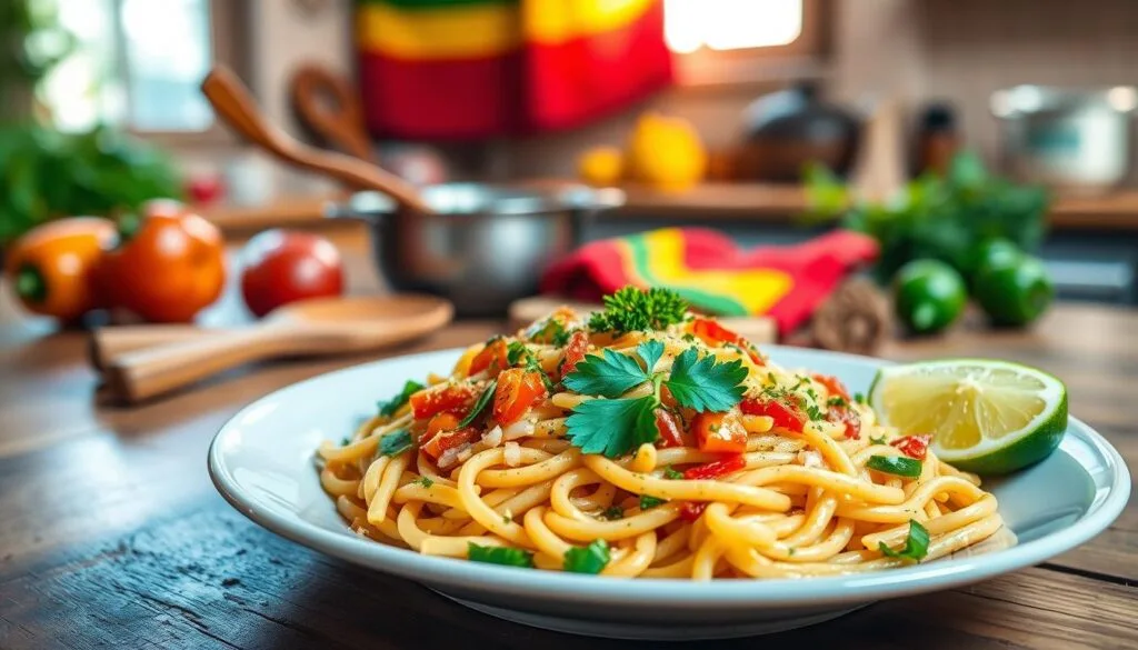 A beautifully arranged plate of traditional Rasta pasta, showcasing vibrant, colorful ingredients like bell peppers, onions, and herbs mixed into perfectly cooked pasta. In the foreground, the pasta is artfully garnished with a sprinkle of fresh parsley and a slice of lime on the side, creating a burst of color and freshness. In the middle ground, a rustic wooden table enhances the authentic feel, accompanied by cooking utensils like a wooden spoon and a vibrant red, yellow, and green patterned cloth representing Rastafarian culture. The background features a warm, inviting kitchen with soft, natural lighting streaming through a window, casting a cozy glow. The overall mood is lively and inviting, perfect for a culinary journey into the heart of Caribbean flavors. A beautifully arranged plate of traditional Rasta pasta, showcasing vibrant, colorful ingredients like bell peppers, onions, and herbs mixed into perfectly cooked pasta. In the foreground, the pasta is artfully garnished with a sprinkle of fresh parsley and a slice of lime on the side, creating a burst of color and freshness. In the middle ground, a rustic wooden table enhances the authentic feel, accompanied by cooking utensils like a wooden spoon and a vibrant red, yellow, and green patterned cloth representing Rastafarian culture. The background features a warm, inviting kitchen with soft, natural lighting streaming through a window, casting a cozy glow. The overall mood is lively and inviting, perfect for a culinary journey into the heart of Caribbean flavors.