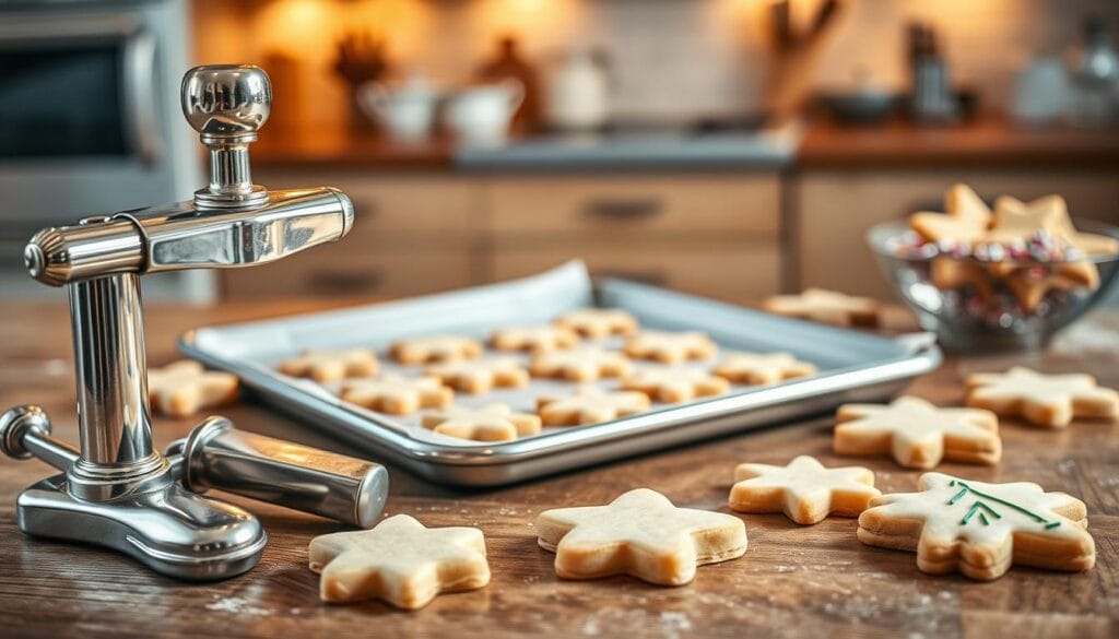 A beautifully arranged scene showcasing an assortment of freshly baked spritz cookies in various shapes such as stars, trees, and flowers, placed on a rustic wooden table. In the foreground, a stainless steel cookie press is elegantly positioned, with a few dough portions next to it, highlighting the easy preparation process. In the middle, a baking sheet lined with parchment paper holds still-warm cookies, while a nearby bowl contains colorful sprinkles ready to adorn the treats. The background features a softly lit kitchen with subtle warm lighting, creating a cozy, inviting atmosphere. Soft shadows enhance the textures of the cookies and the pressing device, capturing the essence of home baking. A shallow depth of field focuses on the cookie press while gently blurring the background, emphasizing the joy of baking spritz cookies.