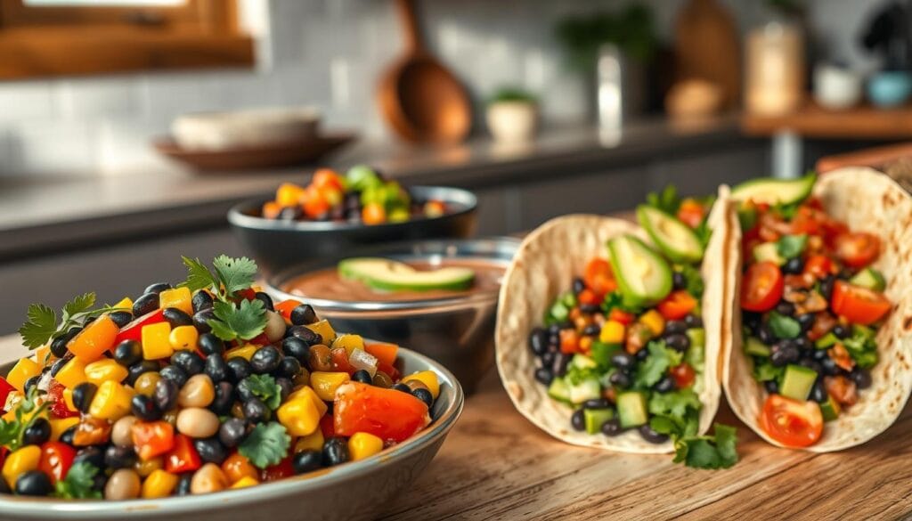A beautifully arranged table showcasing a variety of healthy black bean dishes for lunch and meal prep. In the foreground, a vibrant black bean salad with diced bell peppers, corn, and cherry tomatoes, garnished with fresh cilantro, sits next to a bowl of creamy black bean soup topped with avocado slices. The middle ground features whole wheat tortillas filled with spiced black beans, lettuce, and salsa, beautifully plated. In the background, a rustic kitchen setting with soft, natural light filtering through a window, casting gentle shadows. The overall mood is inviting and wholesome, perfect for meal prep inspiration, with colors that are rich and appetizing, emphasizing the healthfulness of black bean cuisine. A beautifully arranged table showcasing a variety of healthy black bean dishes for lunch and meal prep. In the foreground, a vibrant black bean salad with diced bell peppers, corn, and cherry tomatoes, garnished with fresh cilantro, sits next to a bowl of creamy black bean soup topped with avocado slices. The middle ground features whole wheat tortillas filled with spiced black beans, lettuce, and salsa, beautifully plated. In the background, a rustic kitchen setting with soft, natural light filtering through a window, casting gentle shadows. The overall mood is inviting and wholesome, perfect for meal prep inspiration, with colors that are rich and appetizing, emphasizing the healthfulness of black bean cuisine.