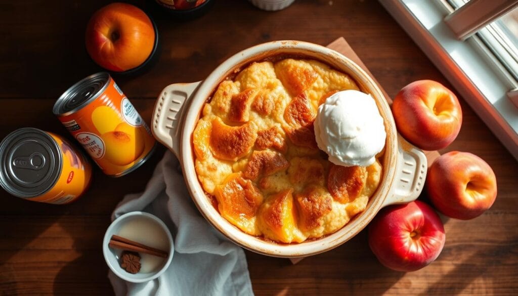 A beautifully arranged, top-down view of a quick peach cobbler recipe, featuring a freshly baked cobbler in a rustic ceramic dish, golden brown with bubbly peach filling. Surround the dish with vibrant canned peaches in syrup, a small bowl of cinnamon, and a scoop of vanilla ice cream melting slightly, creating an inviting, warm atmosphere. The background includes a wooden kitchen table, softly lit by natural sunlight filtering through a nearby window, enhancing the fresh and warm colors of the ingredients. The scene should evoke a sense of homey comfort and simplicity, perfect for illustrating a step-by-step guide, with an emphasis on the vibrant colors of the peaches against the baked cobbler. A beautifully arranged, top-down view of a quick peach cobbler recipe, featuring a freshly baked cobbler in a rustic ceramic dish, golden brown with bubbly peach filling. Surround the dish with vibrant canned peaches in syrup, a small bowl of cinnamon, and a scoop of vanilla ice cream melting slightly, creating an inviting, warm atmosphere. The background includes a wooden kitchen table, softly lit by natural sunlight filtering through a nearby window, enhancing the fresh and warm colors of the ingredients. The scene should evoke a sense of homey comfort and simplicity, perfect for illustrating a step-by-step guide, with an emphasis on the vibrant colors of the peaches against the baked cobbler.