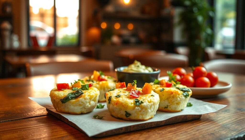 A close-up view of a delicious plate of healthy Starbucks egg bites, showcasing their fluffy texture and vibrant ingredients. The foreground features three egg bites garnished with fresh herbs and diced vegetables, such as bell peppers and spinach, artfully arranged on a rustic wooden table. In the middle ground, a small bowl of creamy avocado dip and a side of cherry tomatoes add a pop of color. The background is softly blurred, displaying a cozy café environment with warm, natural lighting filtering through a window, enhancing the inviting and fresh atmosphere. Capture the scene at eye level with a warm color palette to evoke a sense of comfort and healthful indulgence. A close-up view of a delicious plate of healthy Starbucks egg bites, showcasing their fluffy texture and vibrant ingredients. The foreground features three egg bites garnished with fresh herbs and diced vegetables, such as bell peppers and spinach, artfully arranged on a rustic wooden table. In the middle ground, a small bowl of creamy avocado dip and a side of cherry tomatoes add a pop of color. The background is softly blurred, displaying a cozy café environment with warm, natural lighting filtering through a window, enhancing the inviting and fresh atmosphere. Capture the scene at eye level with a warm color palette to evoke a sense of comfort and healthful indulgence.