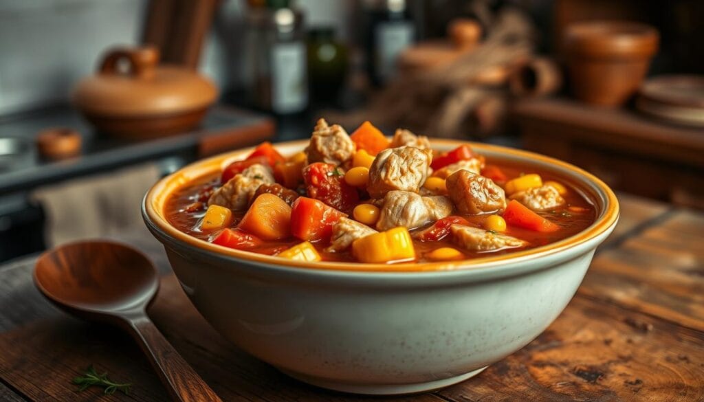 A hearty bowl of Brunswick stew filled to the brim with tender chunks of chicken and pork, vibrant carrots, sweet corn, and diced tomatoes, steam rising gently from the bowl. The stew is set on a rustic wooden table, with a backdrop of a cozy kitchen featuring warm, soft lighting that emphasizes richness in flavor. A wooden spoon rests beside the bowl, inviting viewers to serve a warm portion. A few scattered herbs and spices enhance the scene, giving a touch of freshness and depth. The photo is captured at an angle that highlights the stew’s thick, inviting consistency, creating a homey and comforting atmosphere, perfect for family gatherings. The focus is sharp on the stew, with a slight bokeh effect in the background to enhance the culinary subject.