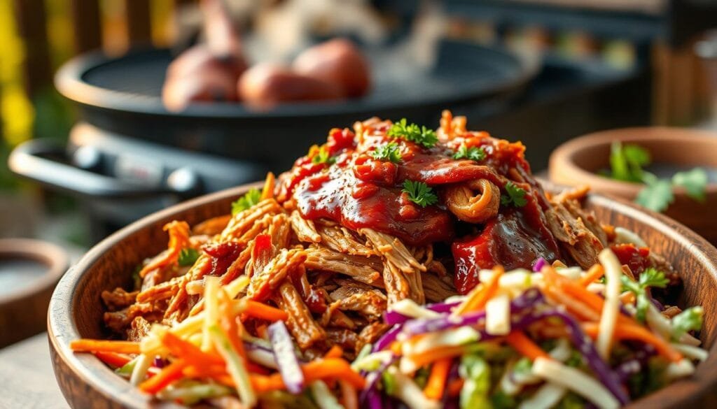A hearty plate of BBQ shredded chicken served in a rustic wooden bowl, topped with a sprinkle of fresh parsley for garnish. The chicken is glistening with a rich, tangy barbecue sauce, showing off its tender, pulled texture. In the foreground, a vibrant coleslaw made with purple and green cabbage, carrots, and a light dressing adds color contrast. The background features a backyard grill with faint smoke drifting in the warm afternoon light. The scene captures a cozy, inviting atmosphere, promising delicious summer flavors. Shot from a slightly elevated angle to highlight the dish and surrounding details. Soft, natural lighting enhances the appetizing look of the food, evoking a sense of comfort and homeliness. Perfect for food lovers and barbecue enthusiasts.
