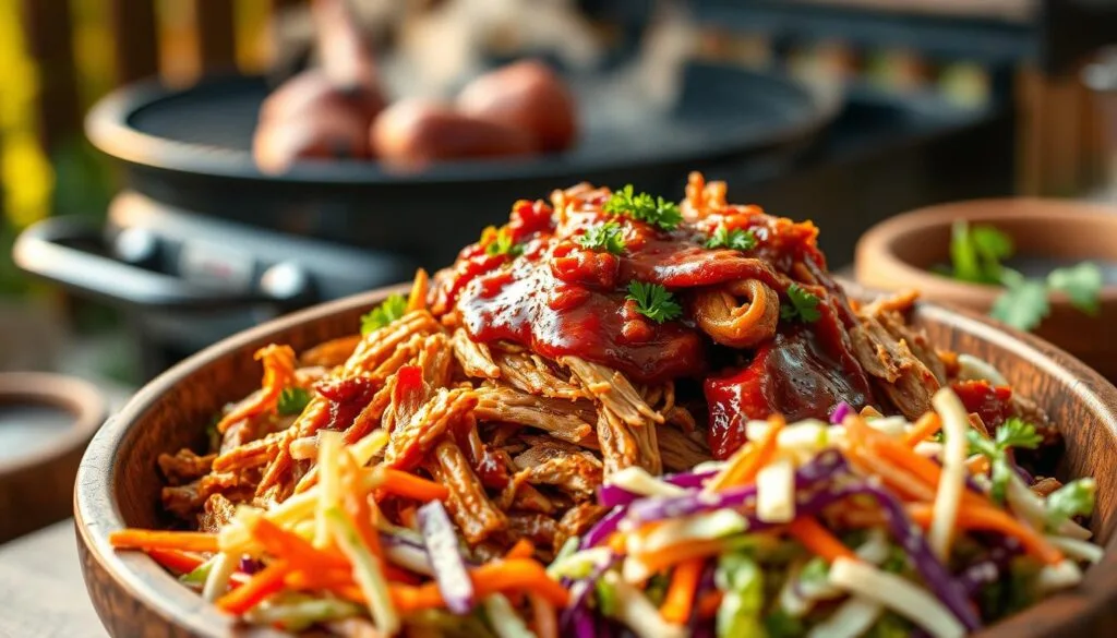A hearty plate of BBQ shredded chicken served in a rustic wooden bowl, topped with a sprinkle of fresh parsley for garnish. The chicken is glistening with a rich, tangy barbecue sauce, showing off its tender, pulled texture. In the foreground, a vibrant coleslaw made with purple and green cabbage, carrots, and a light dressing adds color contrast. The background features a backyard grill with faint smoke drifting in the warm afternoon light. The scene captures a cozy, inviting atmosphere, promising delicious summer flavors. Shot from a slightly elevated angle to highlight the dish and surrounding details. Soft, natural lighting enhances the appetizing look of the food, evoking a sense of comfort and homeliness. Perfect for food lovers and barbecue enthusiasts.