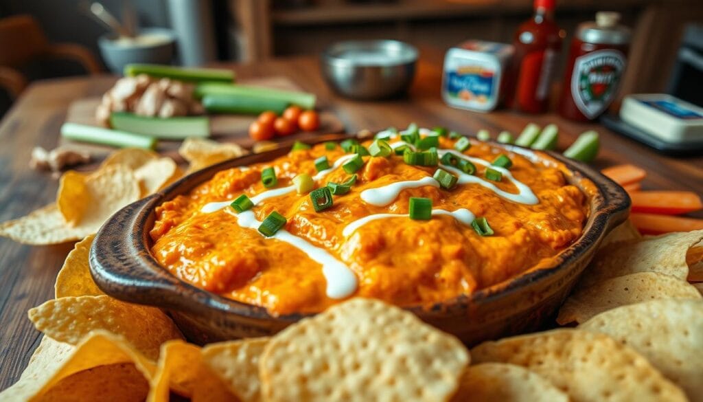 A luscious bowl of creamy buffalo chicken dip overflowing with vibrant orange and yellow hues, artfully garnished with rich green scallions and drizzles of ranch dressing. In the foreground, the dip is presented in a rustic ceramic dish, surrounded by an array of crispy tortilla chips and fresh veggie sticks, invitingly arranged for dipping. The middle ground features a wooden table setting adorned with a few scattered ingredients like chicken, hot sauce, and a block of cream cheese, suggesting the cooking process. The background softly blurs into a cozy kitchen environment with warm lighting, evoking a welcoming atmosphere perfect for gatherings. The angle captures the dip at a slight overhead view, enhancing its textures and colors, while emphasizing the inviting and hearty nature of this comfort food.
