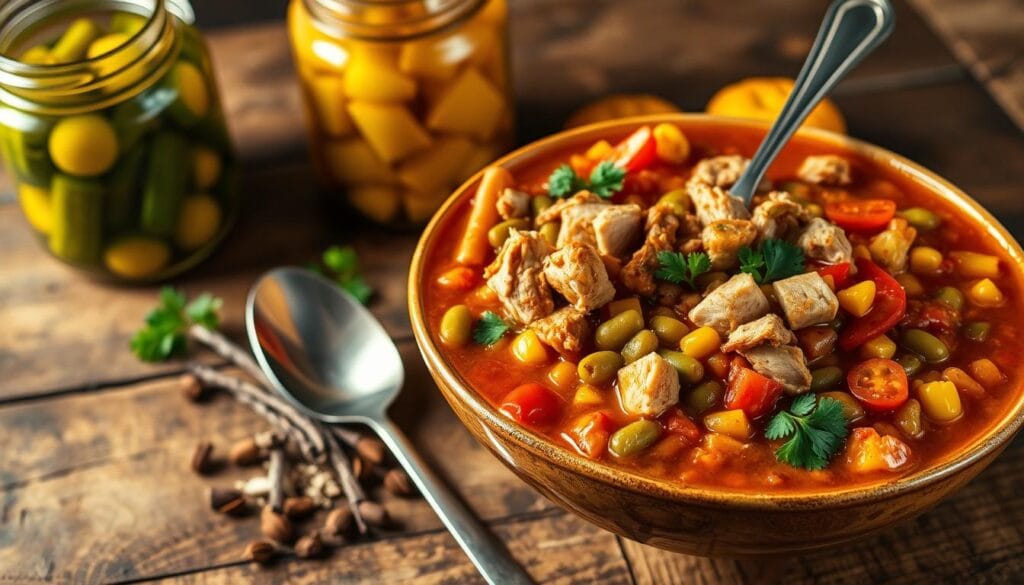A rustic wooden table serves as the backdrop for a beautifully arranged bowl of authentic Brunswick stew, brimming with colorful ingredients that capture its rich heritage. In the foreground, a steaming bowl filled with tender chunks of pulled pork, chicken, and diced vegetables like green beans, corn, and tomatoes is garnished with fresh parsley. A scattering of seasonings like bay leaves and thyme lies artfully next to the bowl. In the middle, there’s a vintage spoon partially submerged in the stew, reflecting the warm, golden lighting that casts a cozy glow across the scene. Half-opened jars of homemade pickles and cornbread muffins decorate the background, emphasizing a family gathering atmosphere. The lens is set to a slightly angled close-up, creating an intimate and inviting feel, perfect for showcasing this classic dish.