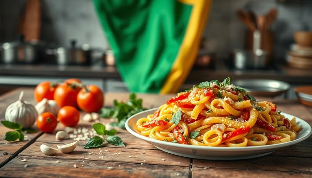 A vibrant, appetizing display of a rasta pasta recipe set on a rustic wooden table. In the foreground, a colorful plate of pasta is tossed with bell peppers, onion, and a creamy sauce, garnished with fresh herbs. Beside it, there are scattered ingredients like ripe tomatoes, garlic cloves, and a sprinkle of Parmesan cheese for texture. In the middle ground, a vibrant Jamaican flag drapes partially, hinting at cultural authenticity. The background features a softly blurred kitchen with pots and pans, suggesting warmth and a homely atmosphere. The lighting is warm and inviting, casting gentle shadows that enhance the colors of the dish. The overall mood conveys a sense of comfort and culinary delight, perfect for inspiring home cooks. A vibrant, appetizing display of a rasta pasta recipe set on a rustic wooden table. In the foreground, a colorful plate of pasta is tossed with bell peppers, onion, and a creamy sauce, garnished with fresh herbs. Beside it, there are scattered ingredients like ripe tomatoes, garlic cloves, and a sprinkle of Parmesan cheese for texture. In the middle ground, a vibrant Jamaican flag drapes partially, hinting at cultural authenticity. The background features a softly blurred kitchen with pots and pans, suggesting warmth and a homely atmosphere. The lighting is warm and inviting, casting gentle shadows that enhance the colors of the dish. The overall mood conveys a sense of comfort and culinary delight, perfect for inspiring home cooks.
