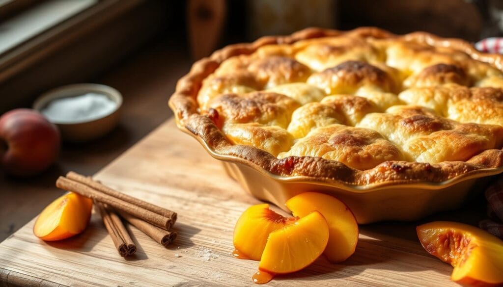 A warm, delicious peach cobbler made with canned peaches, freshly baked and bubbling in a rustic pie dish, sits on a wooden kitchen table. The cobbler's golden-brown crust is perfectly flaky, with hints of caramelization around the edges. In the foreground, there are a few slices of peaches, glistening with syrup, scattered artfully beside the dish. The middle ground features a scattering of cinnamon sticks and a small dish of sugar, enhancing the cozy, inviting atmosphere. Soft, natural lighting filters through a nearby window, casting gentle shadows and highlighting the cobbler's texture. The background includes hints of a well-used kitchen, with a wooden spoon and a checkered cloth, creating a homey, nostalgic feel that emphasizes the warmth of homemade baking. A warm, delicious peach cobbler made with canned peaches, freshly baked and bubbling in a rustic pie dish, sits on a wooden kitchen table. The cobbler's golden-brown crust is perfectly flaky, with hints of caramelization around the edges. In the foreground, there are a few slices of peaches, glistening with syrup, scattered artfully beside the dish. The middle ground features a scattering of cinnamon sticks and a small dish of sugar, enhancing the cozy, inviting atmosphere. Soft, natural lighting filters through a nearby window, casting gentle shadows and highlighting the cobbler's texture. The background includes hints of a well-used kitchen, with a wooden spoon and a checkered cloth, creating a homey, nostalgic feel that emphasizes the warmth of homemade baking.